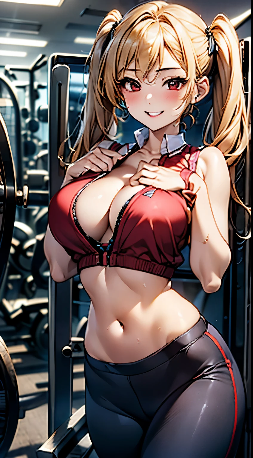 最high quality、best image quality、masterpiece、with a girl((18-year-old, ports bra, sports pants、vest bust、bust 90、blonde twintails、red eyes、open your chest wide, Slender、smile,fitness, Using Smith Machine:1.6)), high quality、beautiful art、With background((Sports club))、table top、elaborate design、visual art、
