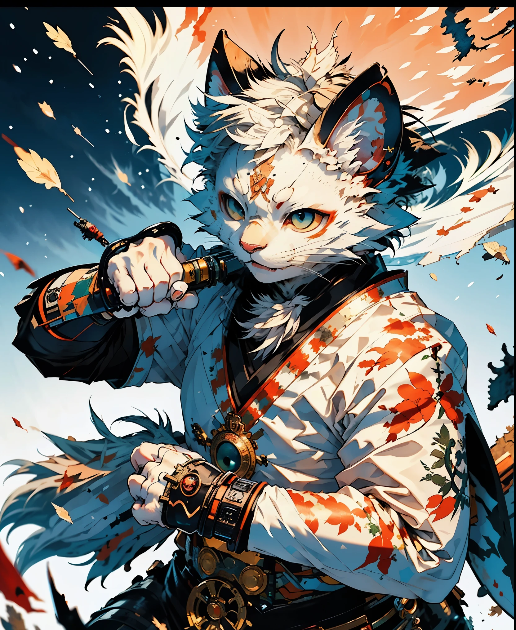 32K UHD QUALITY RESOLUTION, white cat, samurai warrior, dynamic battle pose, highly detailed samurai battle armor and sashimono war flag, blood splattered, cherry blossoms blowing in the wind, post apocalyptic feudal Japan background 