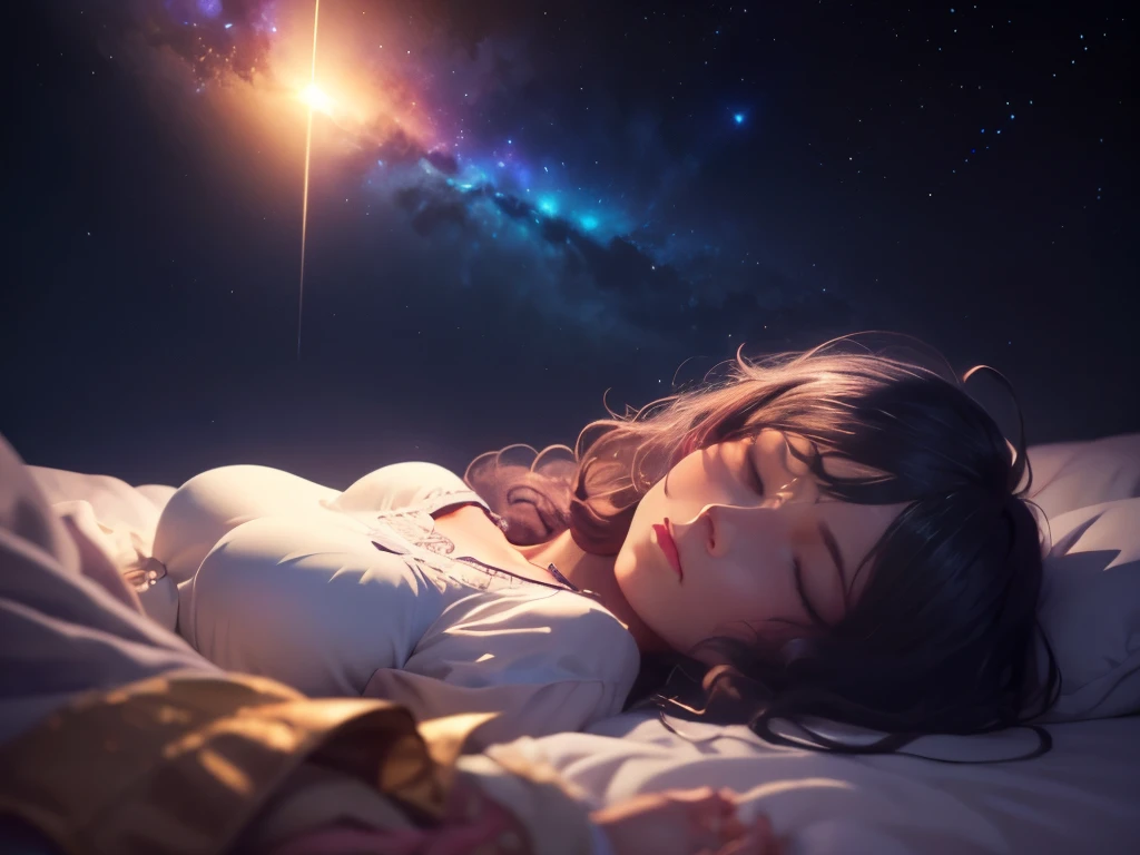 arafed woman sleeping in a cloud bed with stars and a night sky, dreamy night, dreamlike atmosphere, dreamlike surrealism, fantasy and dreams vibes, lost in a lucid dream, wake initiated lucid dream, lucid dreaming, quality astral projection render, if only i could sleep, reality infused with dreams, inspired by Cyril Rolando, dream like atmosphere 8k