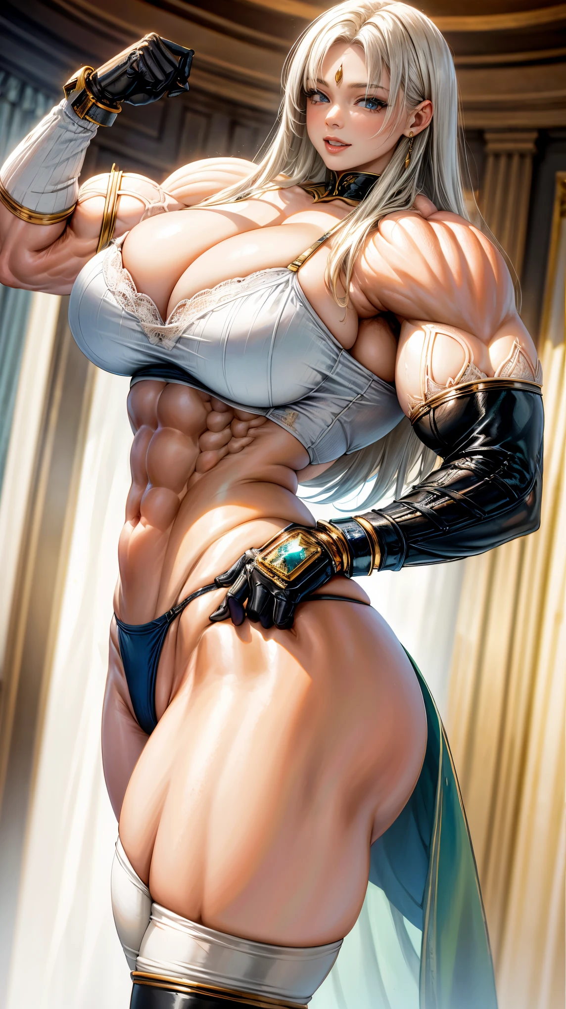 A muscular girl with huge muscles and huge breasts wearing a white bra,panties,thigh highs, long gloves with golden embroidery, long white hair,blue eyes, smiling,at an indian castle