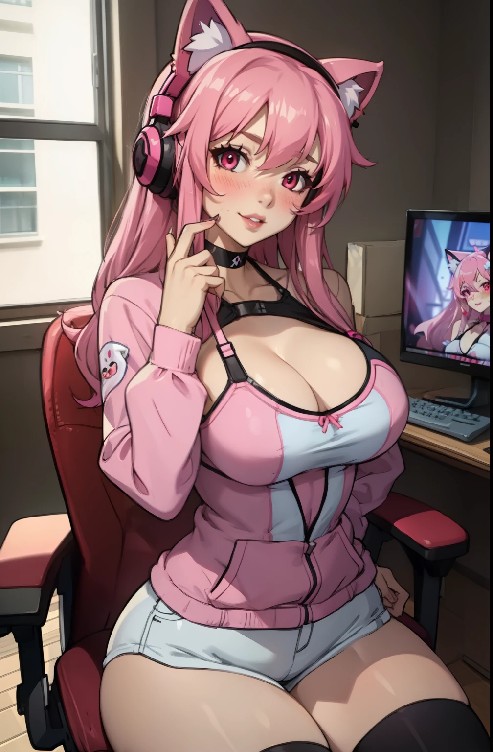 1girl, pink hair, long hair, big lips, pink eyes, hoodie, cleavage, huge breasts, light smile, blush, nose blush, indoors, sitting, gamer chair, short shorts, thigh highs plant, anime, egirl, intimate, portrait, cowboy shot, head tilt, thick thighs, wide hips, cat ear headphones, (egirl aesthetic), narrow waist, hourglass figure, bimbo,