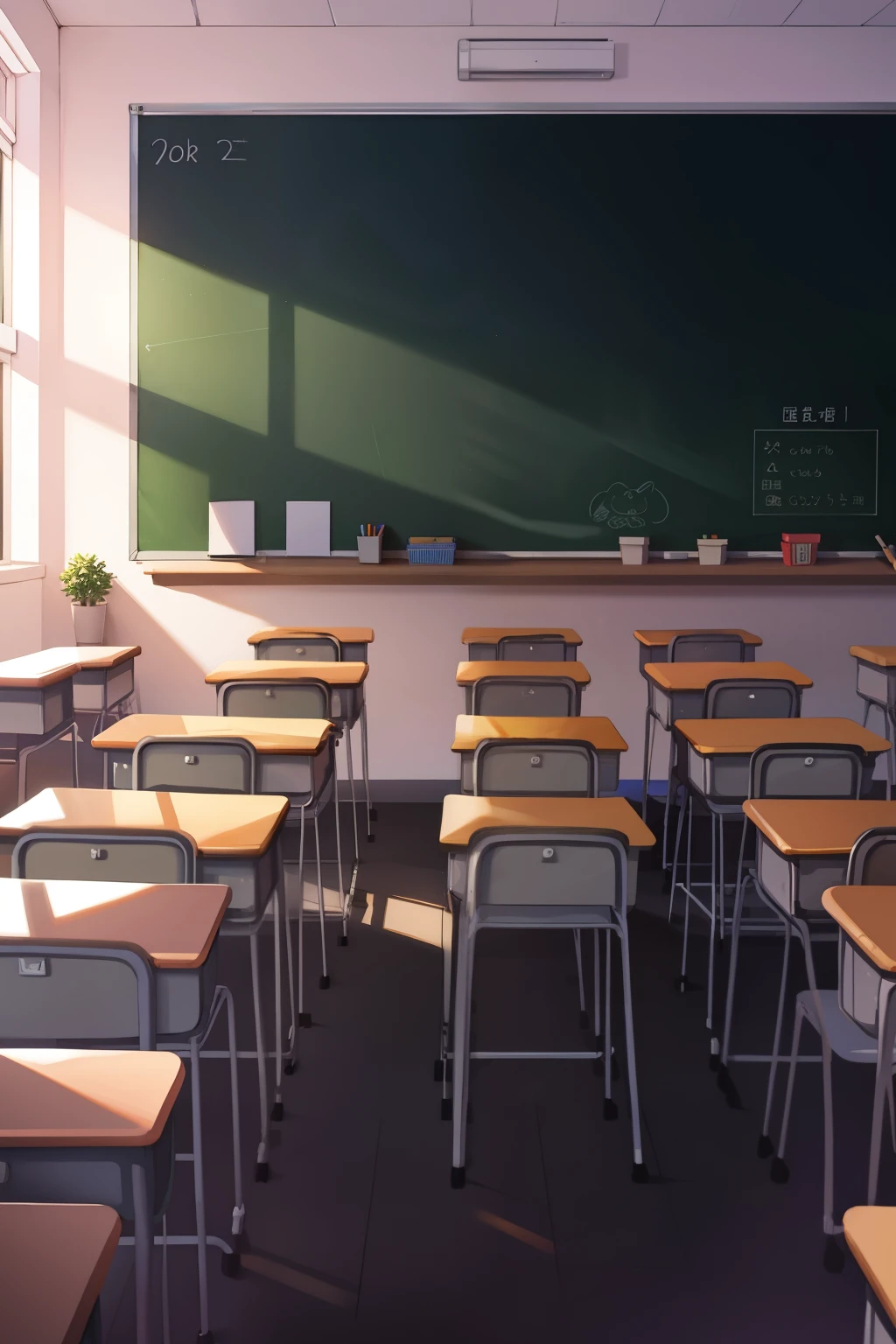 primary school、In class、landscapes、chalk board、desk、Pupils