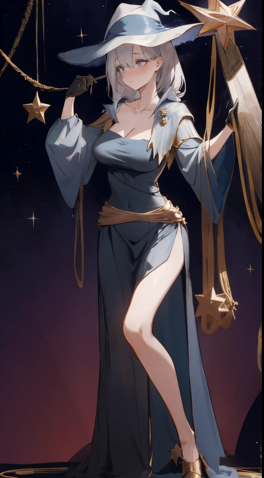 Leakage out of the collarbone，Neck leakage，sorceress woman，Magic Hat，Star decoration，stand posture，standing straight，Magic dress，open waist