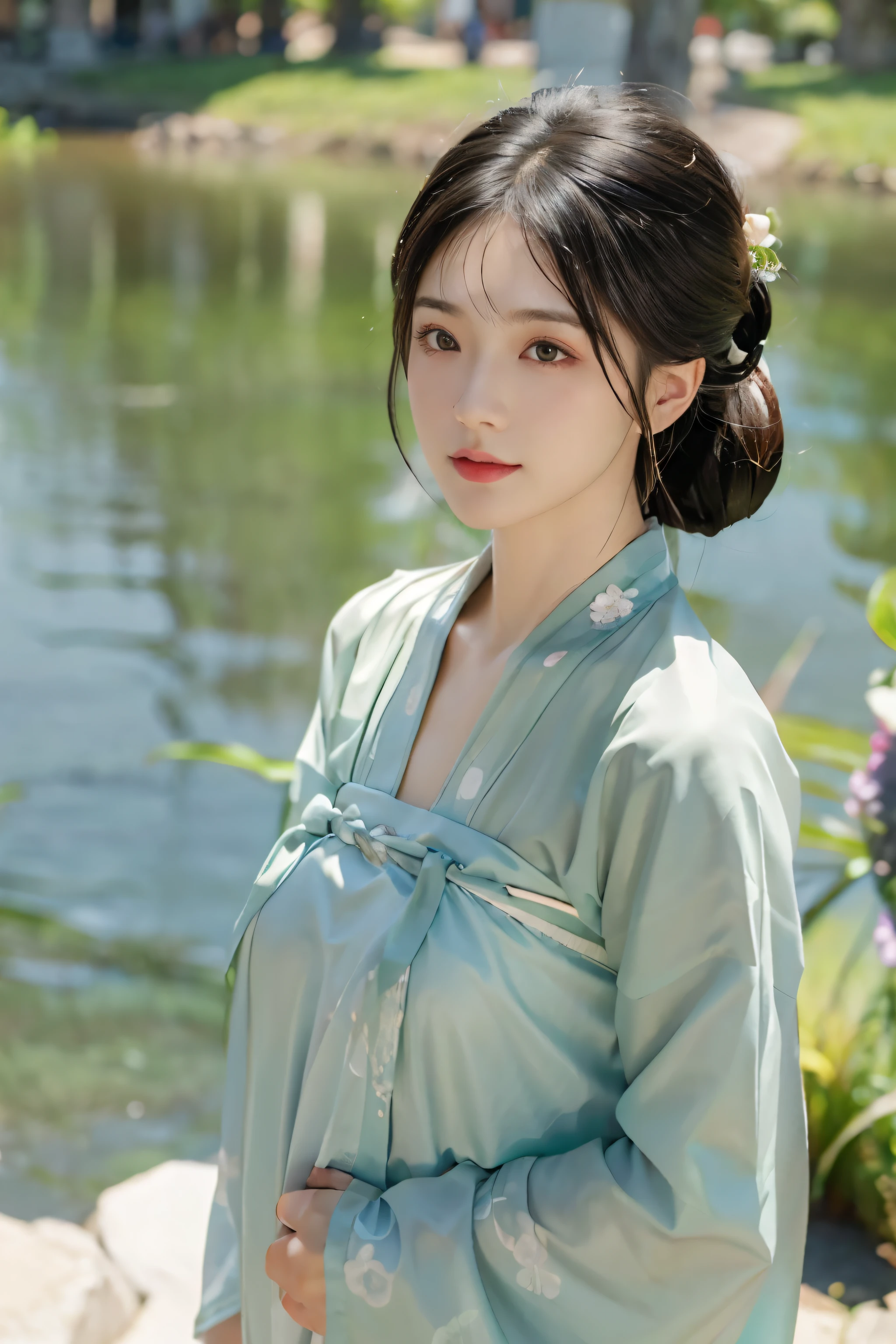 best quality, masterpiece, 超high resolution, (lifelike:1.4),8K RAW 照片, high resolution, Ancient Chinese Hanfu, beautiful pattern, Gorgeous embroidery, Beautiful and detailed eye details, long eyelashes, Detailed skin texture, Super details, original photo, facing the audience, upper part of body, close-up, ((( landscape background))), (((1 girl))), alone,upper part of body, beautiful hairstyle,No action