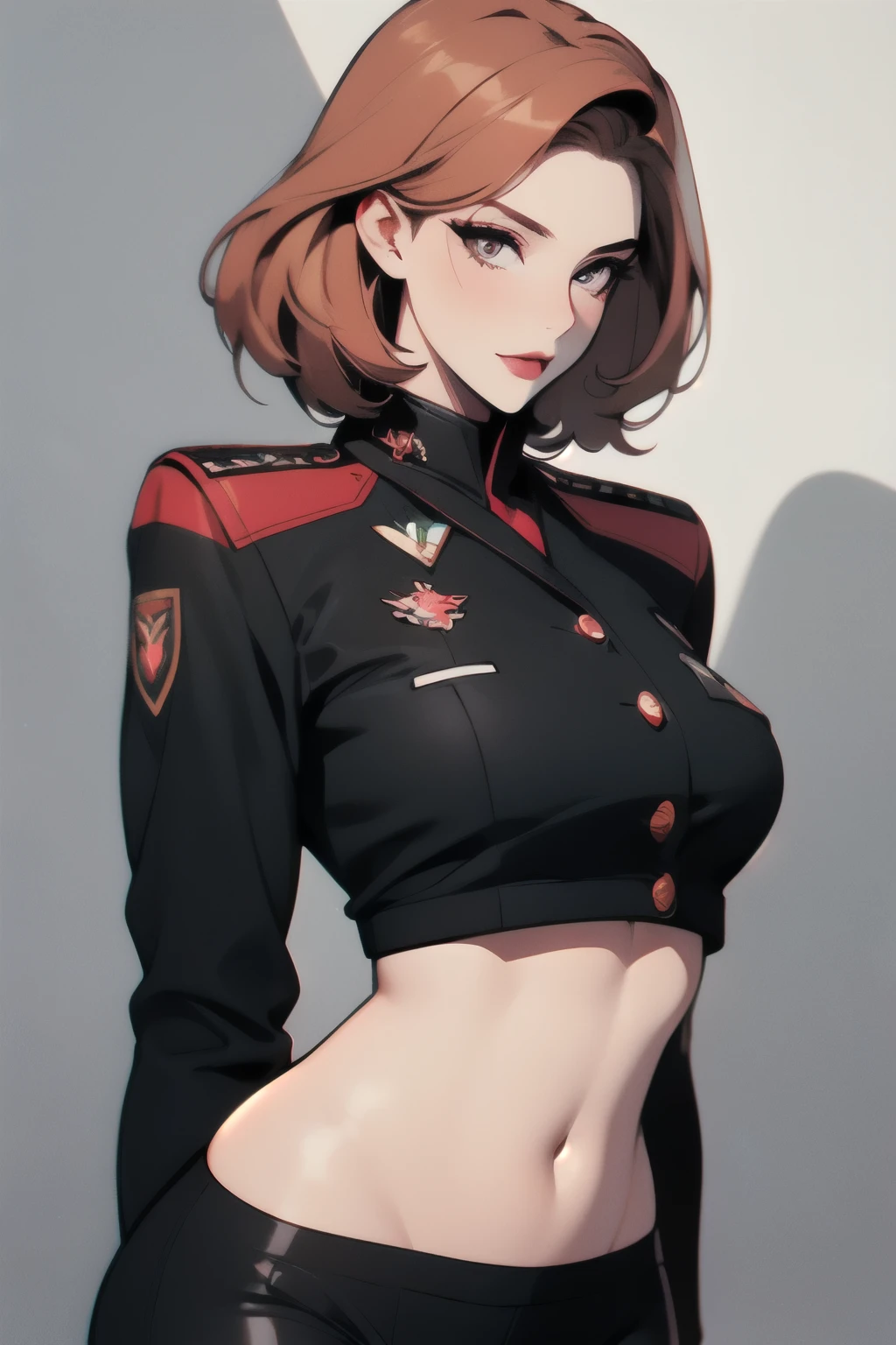 perfect illustration in day light, female with seductive pose, short ginger hair , curvy body, with wide hips and a narrow waistline. The curves of her body are highlighted in subtle shades . hands behind her back, A stunning digital illustration, commissar military outfit, empty background