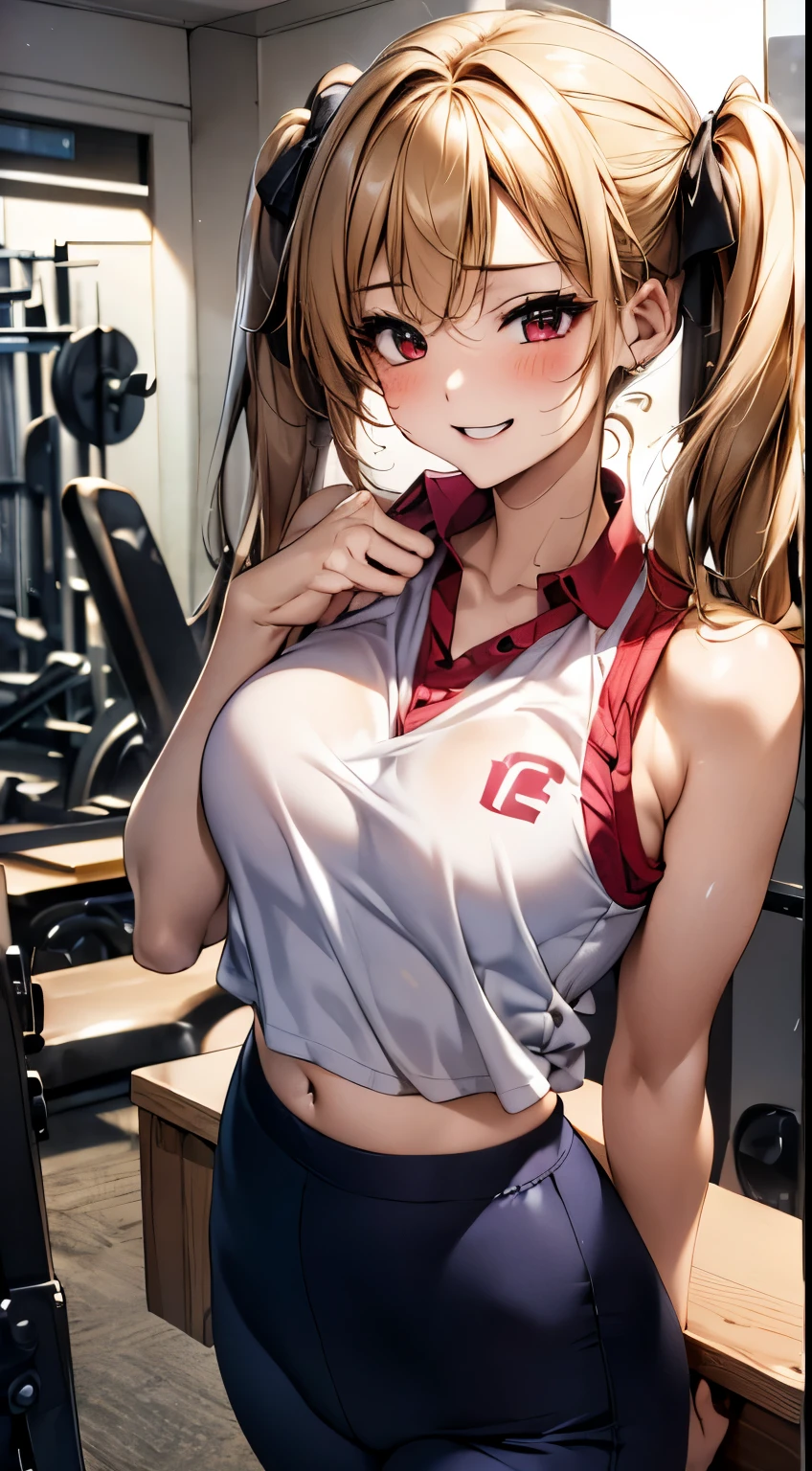 最high quality、best image quality、masterpiece、with a girl((18-year-old, ports bra, sports pants、vest bust、bust 90、blonde twintails、red eyes、open your chest wide, Slender、smile,fitness, I&#39;m using a smith machine)）high quality、beautiful art、With background((Sports club))、table top、elaborate design、visual art、