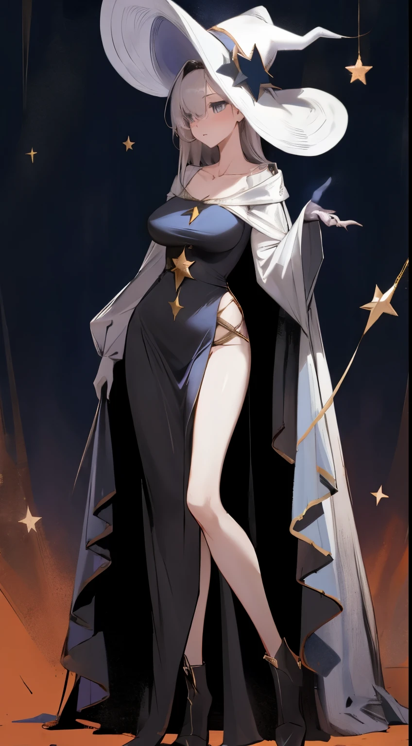 Leakage out of the collarbone，Neck leakage，sorceress woman，Magic Hat，Star decoration，stand posture，standing straight，Magic dress，open waist