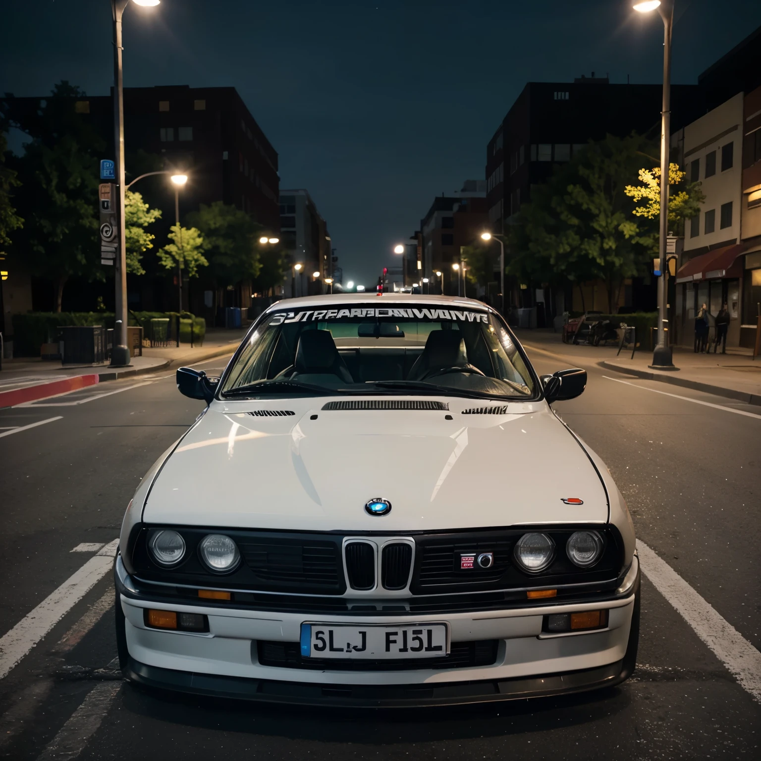super realistic drift car, BMW e30, at downtown, masterpiece:1.2, photographing:1.2, 4k, detailed car body, vibrant colors, dynamic motion, urban backdrop, streetlights, night scene, sharp focus, professional lighting