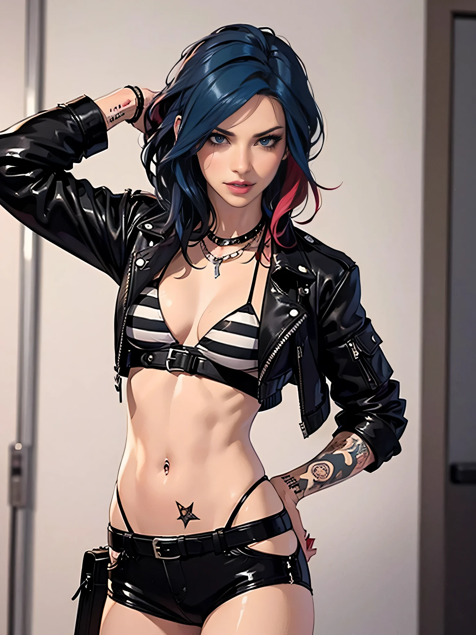 (((of the highest quality: 1.4))),(unparalleled masterpiece ever), (Ultra high definition),(Ultra-realistic 8K CG), offcial art、 (((adult body))), (((1girl in sexual position))), , Punk girl with a perfect body, Jacket with metal spines,Beautiful and well-groomed face,,Detailed punk fashion,leather jackets, (Image from head to thigh),(( dark blue hair with black streaks )), Small leather panties, Simon Bisley's urban savage style,Detailed London street background,Clean abs, Complex graphics, Dark pink with white stars and gray and white stripeany poison tattoos )), , chloeprice