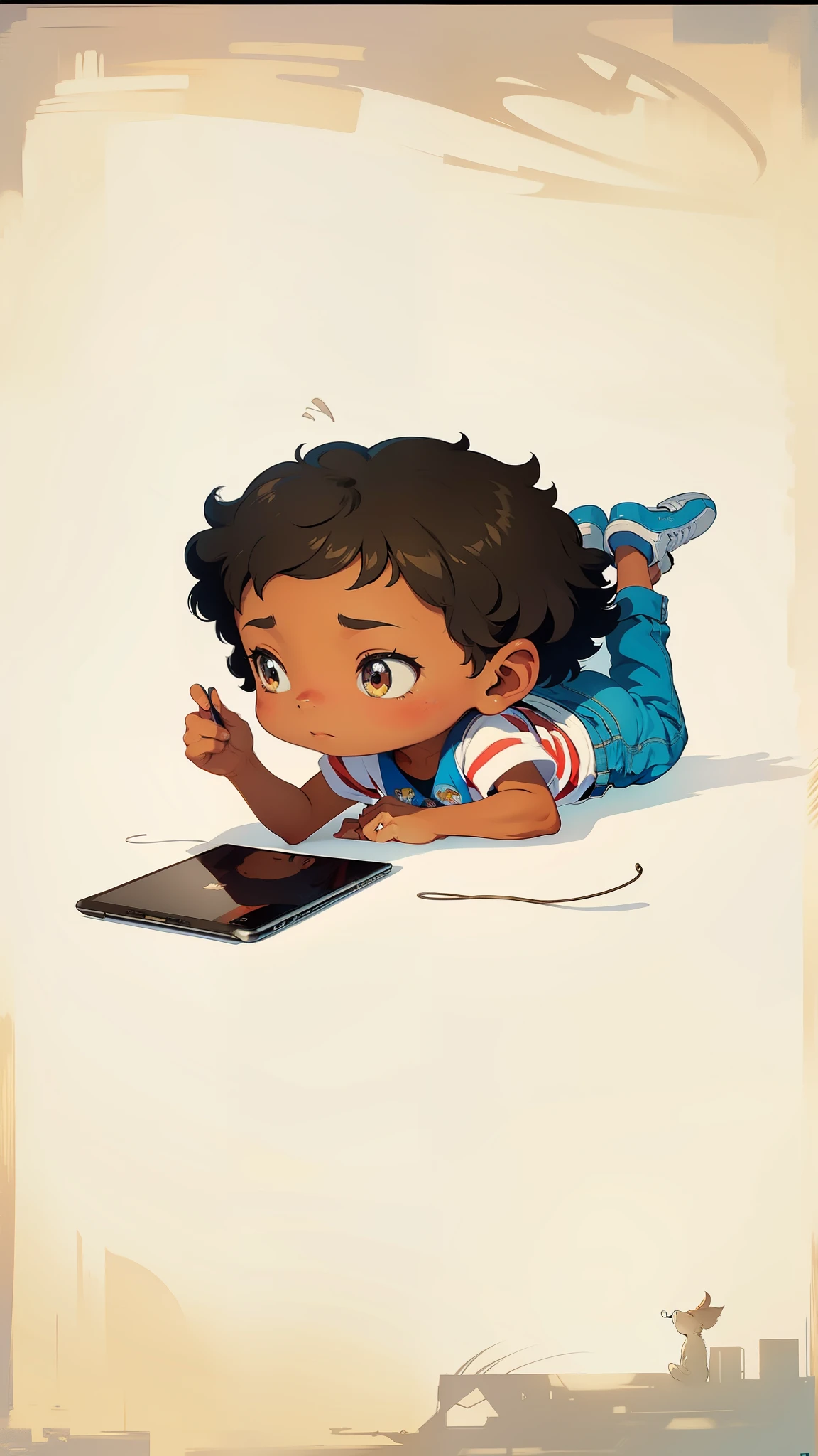 Cartoon boy lying on laptop, african american, Children&#39;s book illustrations, digital illustration, cartoon style插画, Official illustration, digital illustration, children&#39;s book illustrations, african american, Use the magic tablet, digital illustration, digital illustration -, cartoon illustration, stylized digital illustration, mobile game, color illustration, cartoon style, digital rendering