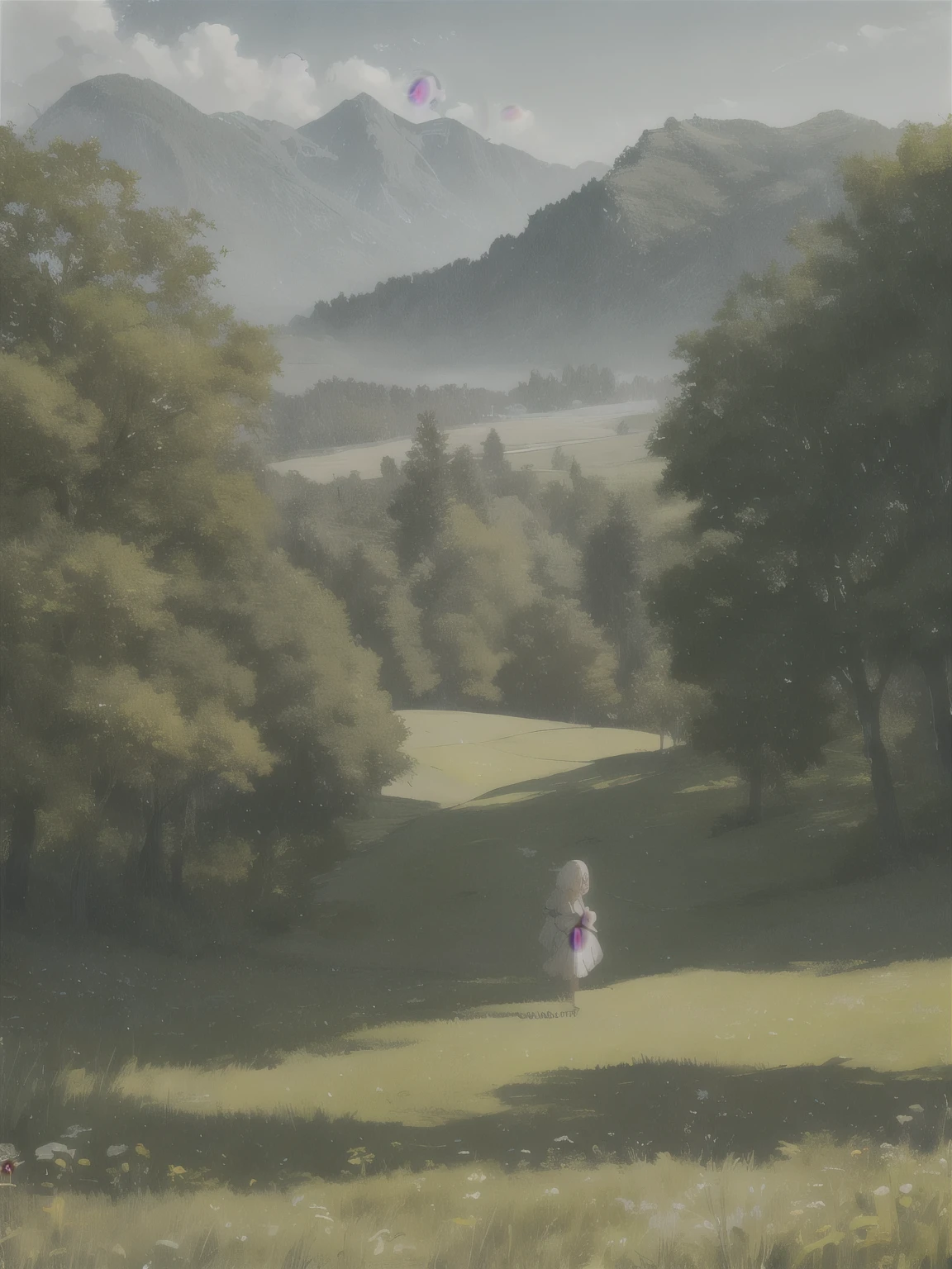 In a green meadow stands a girl leading a group of knights.
BREAK
With a brave expression, she guides them towards their destination.
BREAK
Behind her, a green forest stretches out and beyond that, mountains rise in the distance.
BREAK
The most suitable effect for this scene would be a watercolor painting technique to capture the softness of the meadow and the fluidity of the movement.