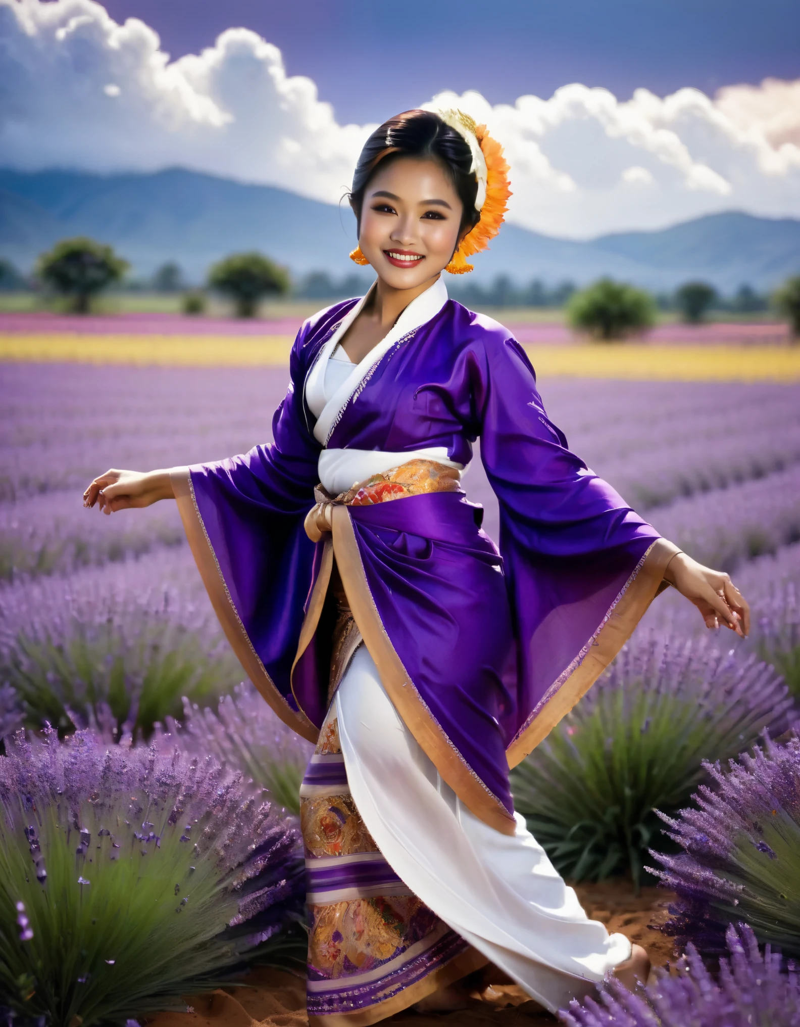 Real photos, wide view from ground to sky Indonesian female soloist performs the traditional Chai Phong Sunda dance with graceful movements and beautiful smiles. Garnish with kebaya. and intricate traditional sarongs Contrasting with the Field of Smiles In the middle of a purple lavender field Flow with art Fields of flowers and fabrics blend together perfectly. beautiful lavender fields The powerful power of purple