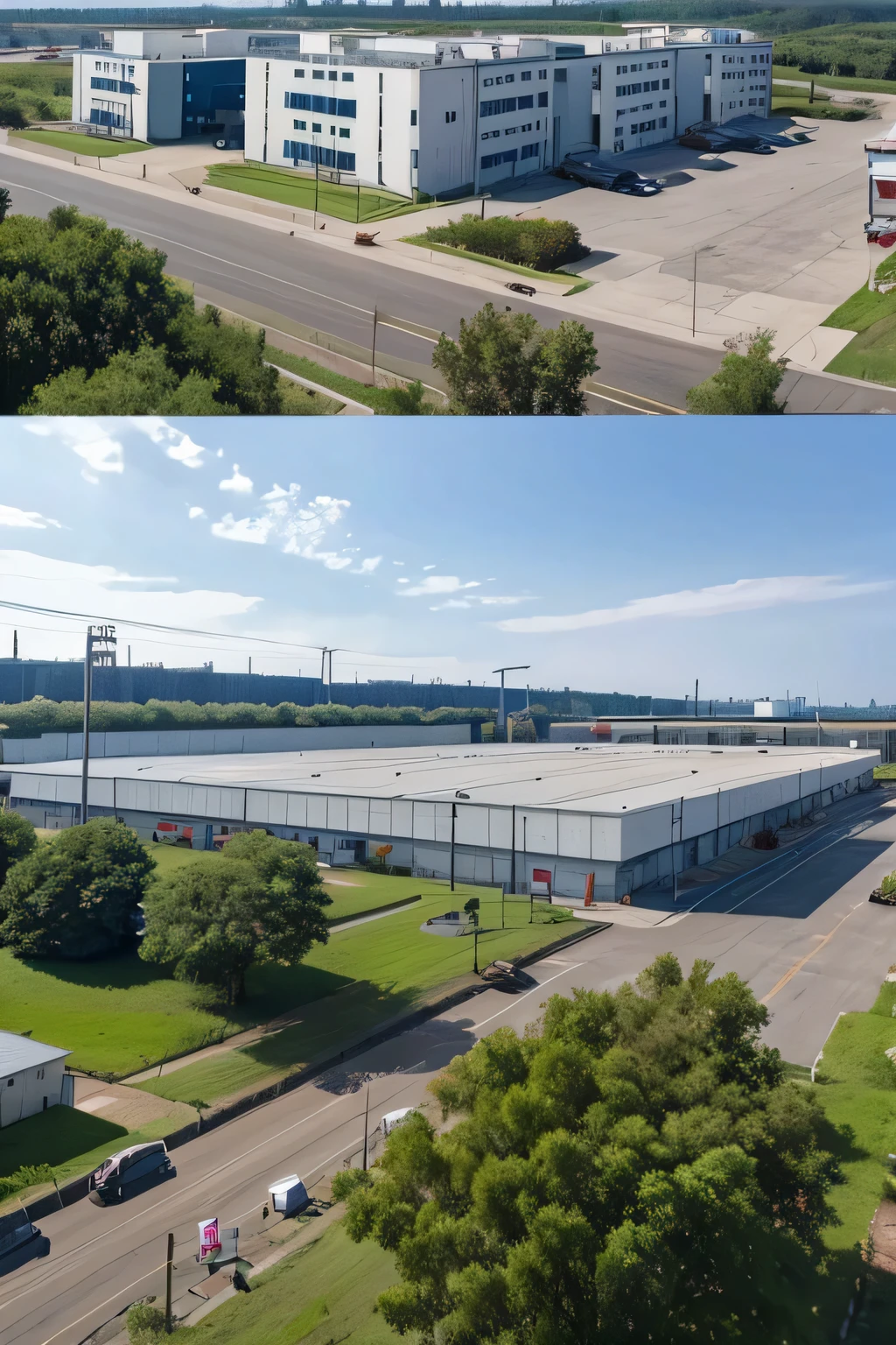 Panoramic view of the factory buildings in the industrial park,There are small trees and roads,There is a factory gate,Panoramic realistic shooting