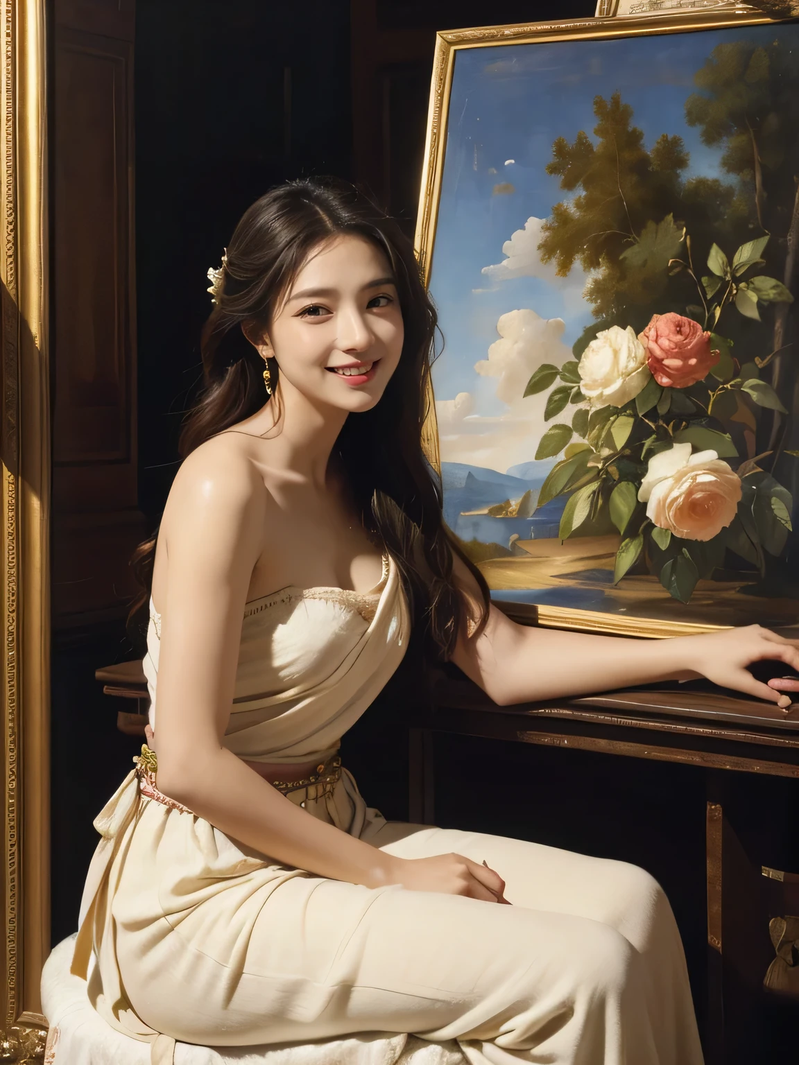 Giorgione painting style,roses in vase、fruits、Cute trinkets、smile、ancient greek costume、Clothes that stretch your shoulders、A big smile、beautiful bare skin,Female painter painting oil in her studio,Woman painting in oil with oil brush and palette