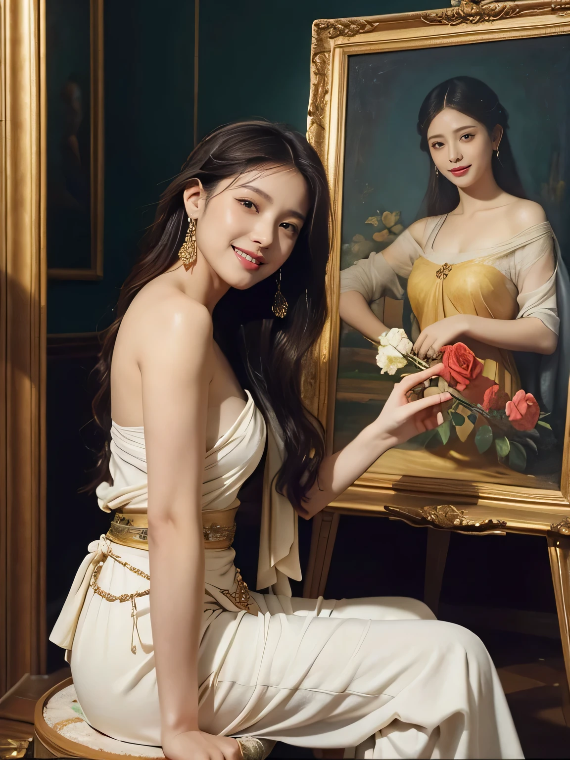 Giorgione painting style,roses in vase、fruits、Cute trinkets、smile、ancient greek costume、Clothes that stretch your shoulders、A big smile、beautiful bare skin,Female painter painting oil in her studio,Woman painting in oil with oil brush and palette,Woman painting oil on canvas