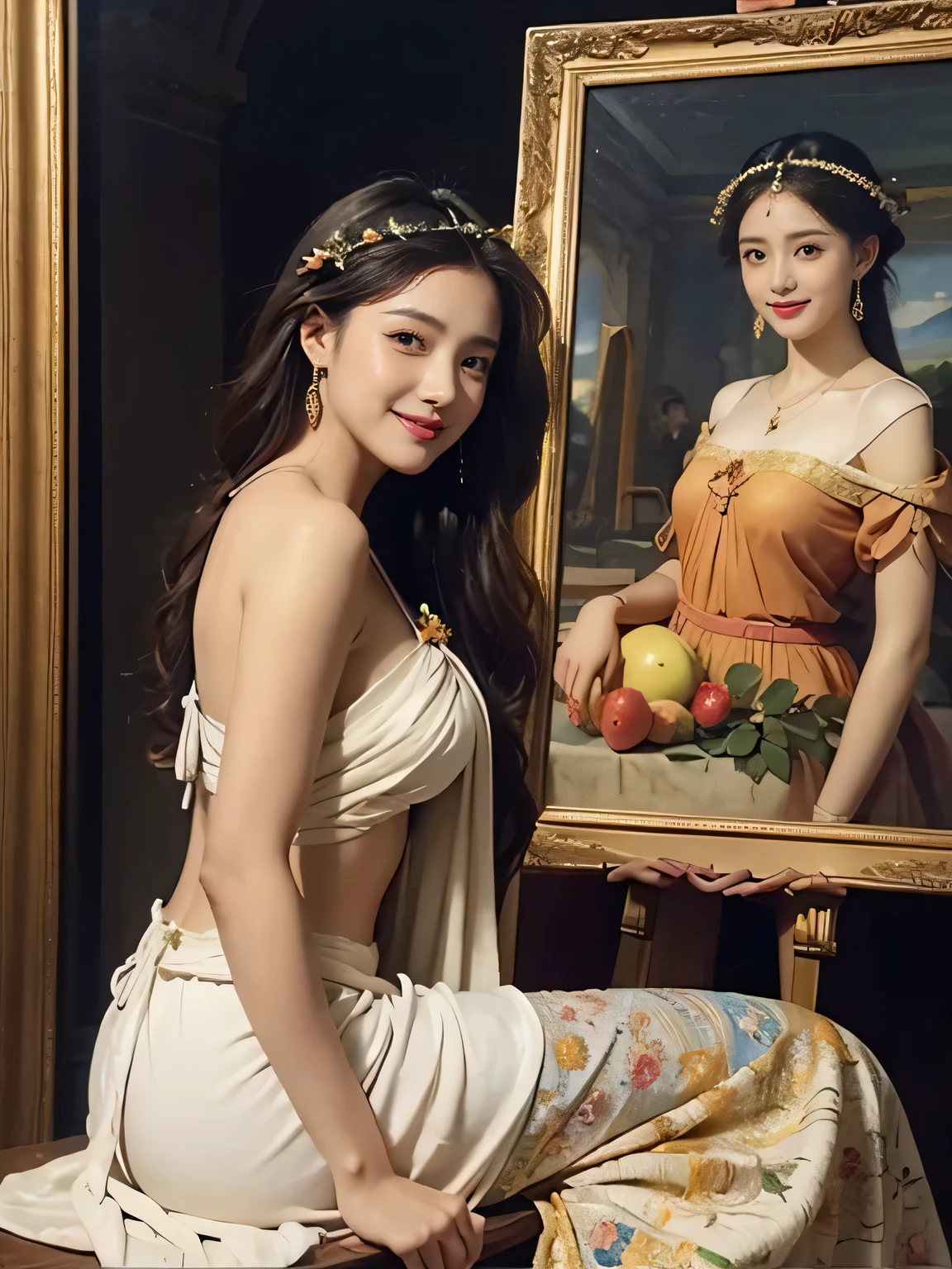 Giorgione painting style,roses in vase、fruits、Cute trinkets、smile、ancient greek costume、Clothes that stretch your shoulders、A big smile、beautiful bare skin,Female painter painting oil in her studio,Woman painting in oil with oil brush and palette