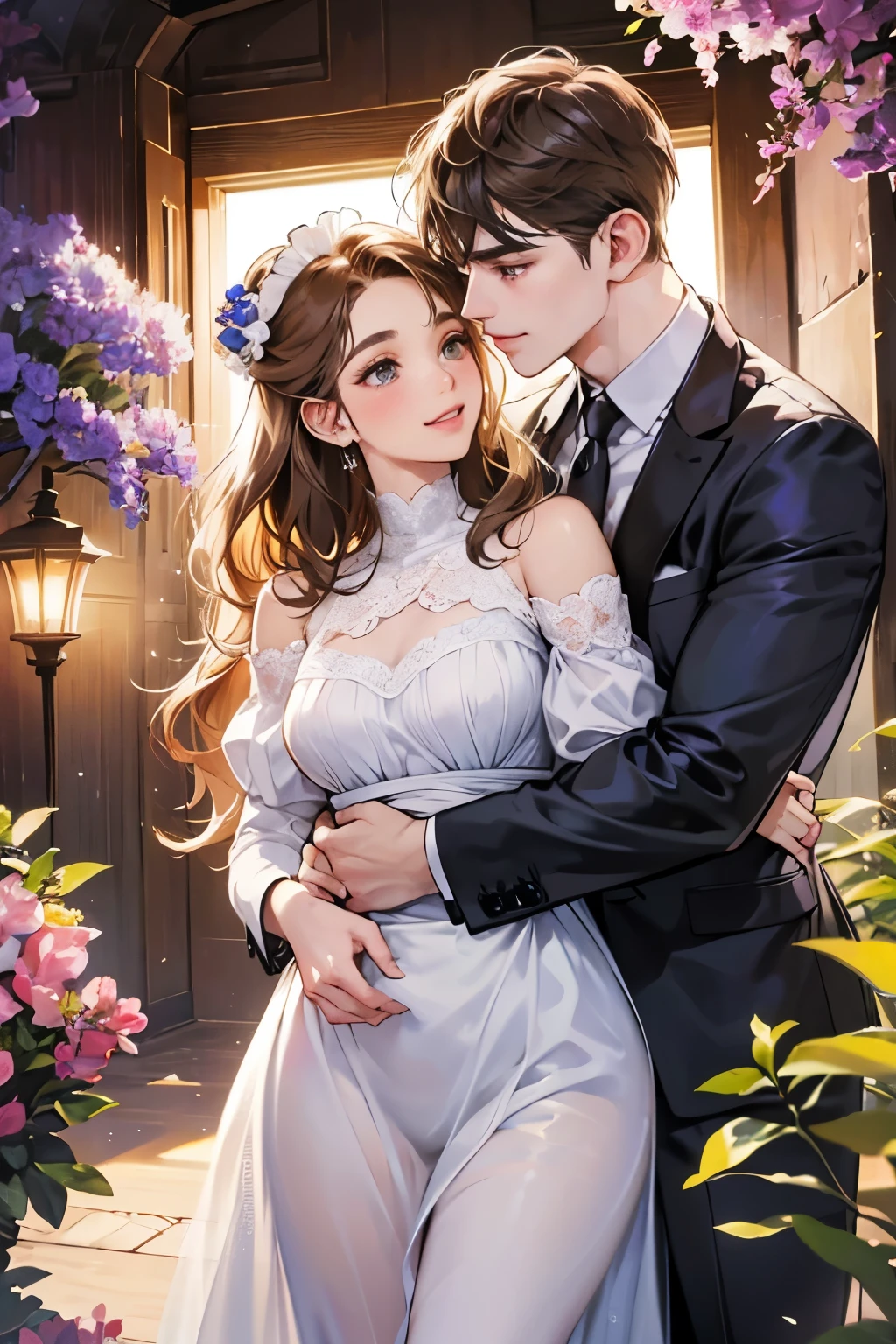 (table top, digital illustration, 4k, 8k, Super detailed, beautiful images, clear image, perfect face, perfect lines, perfect eyes, soft lighting) 1 female, (light brown hair,chignon hair,innocent look,droopy eyebrows,droopy eyes、With a round face,round chin、innocence,cute,Big eyes,natural makeup,smile gently,E cup,23 years old:1.3),Two handsome men in suits, (human,man in suit,muscular,solid shoulder width, boyish hairstyle,A man in his 30s with a cool expression,28 year old man with a bright smile:1.2),garden full of light、lots of flowers、Squirting、colorful flower light,(embarrassing,shy smile:1.2),resort sofa,kiss、カップルkiss、romance porn、couple of man and woman hugging each other、Waitress、Byte in Byte、Maid clothes、Hitting the hips