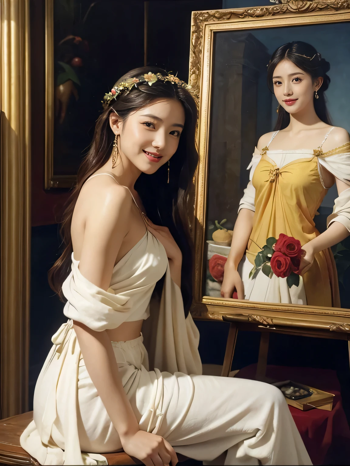Giorgione painting style,roses in vase、fruits、Cute trinkets、smile、ancient greek costume、Clothes that stretch your shoulders、A big smile、beautiful bare skin,Female painter painting oil in her studio,Woman painting in oil with oil brush and palette