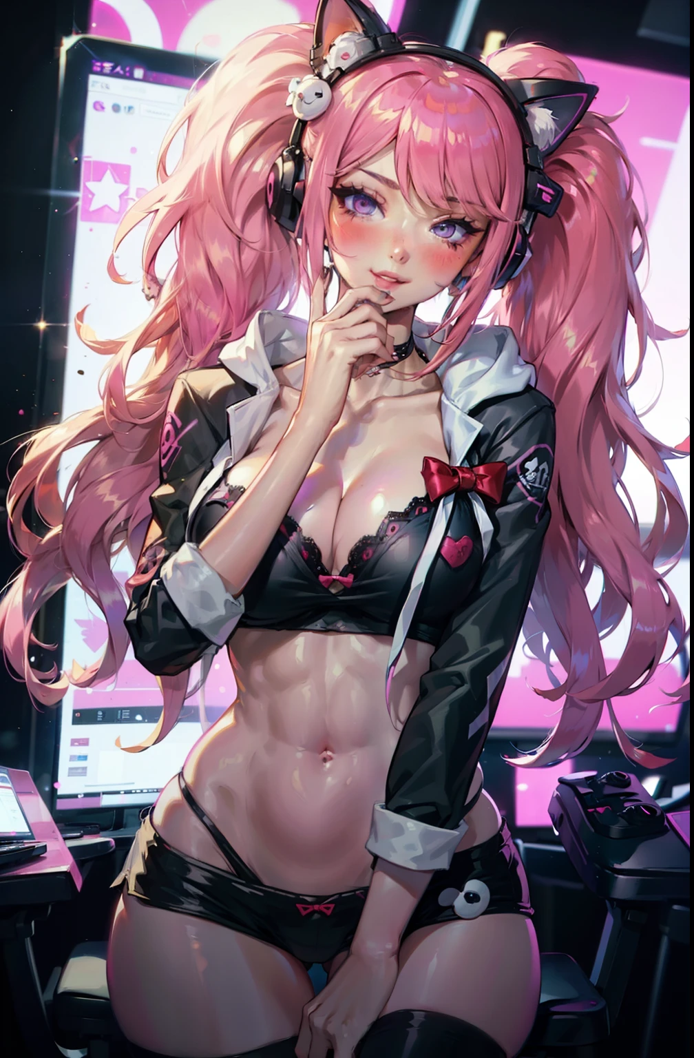 1girl, pink hair, long hair, big lips, pink eyes, hoodie, cleavage, huge breasts, light smile, blush, nose blush, indoors, sitting, gamer chair, short shorts, thigh highs plant, anime, egirl, intimate, portrait, cowboy shot, head tilt, thick thighs, wide hips, cat ear headphones, (egirl aesthetic), narrow waist, hourglass figure, bimbo,