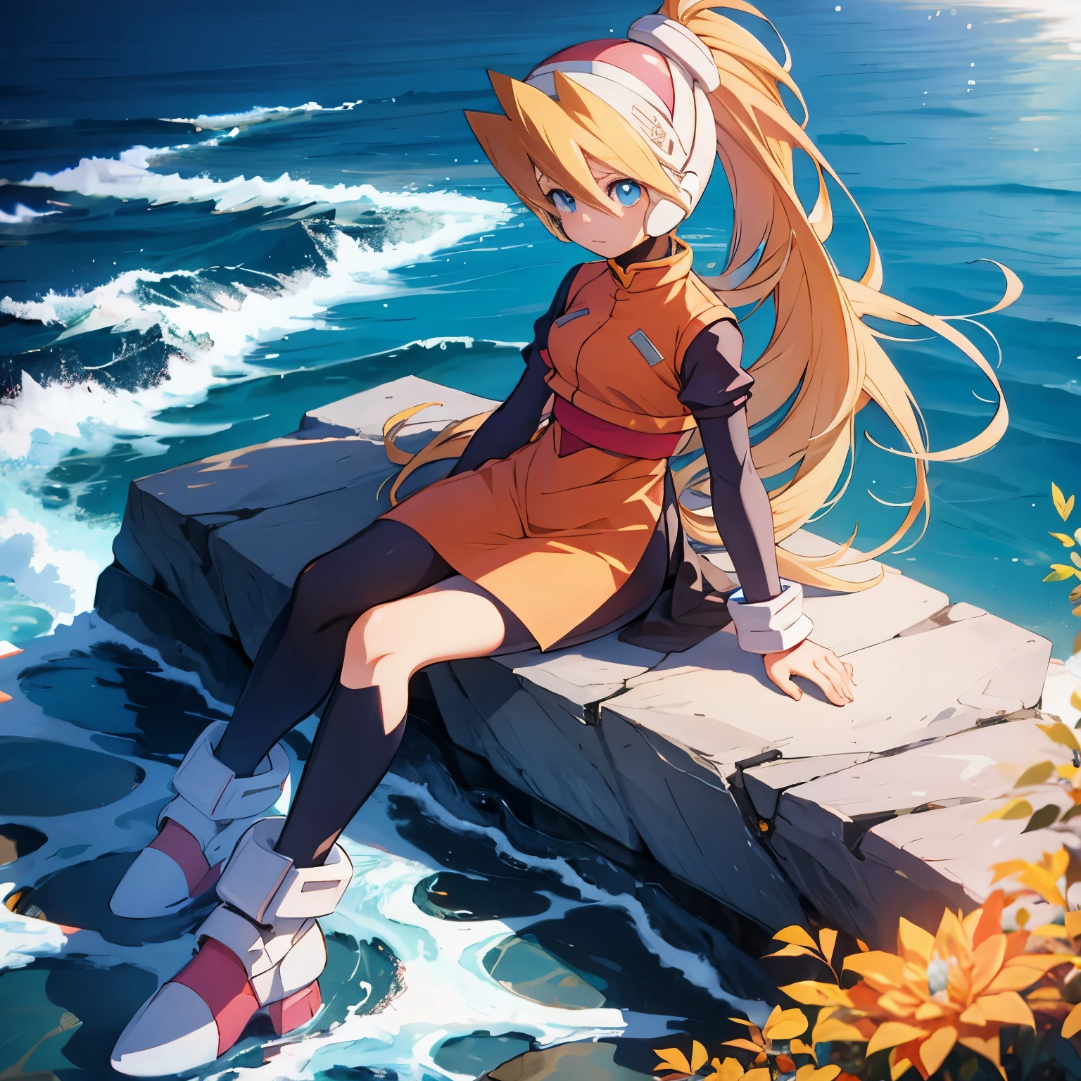ciel_megamanz, 1girl, solo, long hair, blue eyes, blonde hair, ponytail, headgear, masterpiece, high quality, overlooking the ocean on the edge of a rock, in the style of avian-themed, realistic yet stylized, villagecore, azure, orange and azure, dragoncore, aerial view