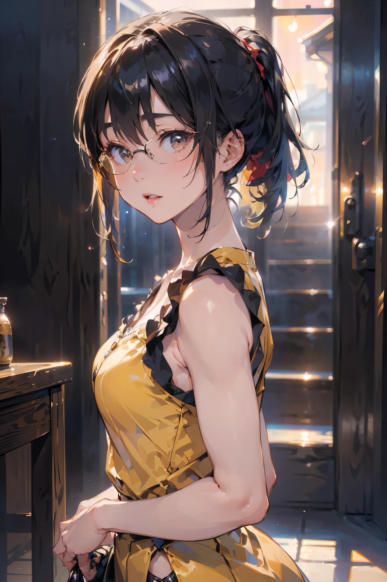 (1glasses girl:1.3, solo), (Audrey Hepburn:1.3), (a extremely pretty and beautiful Japanese woman), (sexy girl), (professional attire:1.3), (22 years old: 1.1), (walking on red carpet:1.3), (attractive random posing:1.3), (in the night royal party:1.3), (looking straight at you:1.3), (starring at you:1.3), (front view:1.3), (from side:1.3), break, (ponytail:1.3), (shiny-black thin hair:1.2), bangs, dark brown eyes, beautiful eyes, princess eyes, (big eyes:1.3), bangs, wearing a glasses:1.3, Hair between eyes, short hair:1.3, (slender:1.1), (small-medium-breasts:0.95), (thin waist: 1.15), (detailed beautiful girl: 1.4), Parted lips, Red lips, full-make-up face, (shiny skin), ((Perfect Female Body)), (upper body image:1.3), Perfect Anatomy, Perfect Proportionost beautiful Korean actress face:1.3, extremely cute and beautiful Japanese actress face:1.3), BREAK, (View viewer, wearing a lovely bitch cordinate, (insanely detailed yellow camisole dress:1.3), (white sleeveless top:1.3), (pin-heels:1.3), detailed clothes, BREAK, (detailed royal night party background:1.2), (dark background), (Studio soft lighting: 1.3), (fake lights: 1.3), (backlight: 1.3), BREAK, (Realistic, Photorealistic: 1.37), (Masterpiece, Best Quality: 1.2), (Ultra High Resolution: 1.2), (RAW Photo: 1.2), (Sharp Focus: 1.3), (Face Focus: 1.2), (Ultra Detailed CG Unified 8k Wallpaper: 1.2), (Beautiful Skin: 1.2), (pale Skin: 1.3), (Hyper Sharp Focus: 1.5), (Ultra Sharp Focus: 1.5), (Beautiful pretty face: 1.3), (super detailed background, detail background: 1.3), Ultra Realistic Photo, Hyper Sharp Image, Hyper Detail Image,