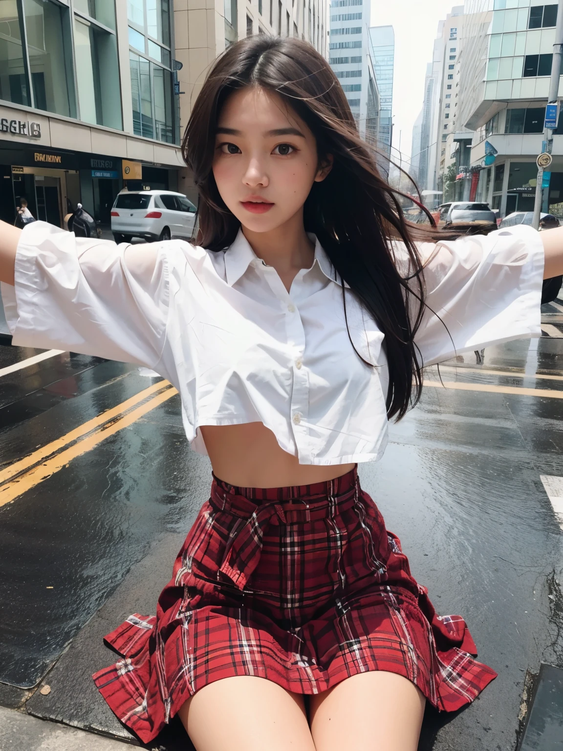 (((2 girls two shot)))(((highest quality)))(((Raw photo)))(((details face)))(((baby face)))((()))(((detail body)))(((model body shape)))(((seductive body)))(((NSFW)))(((long hair that reaches to the waist))) (rain, street:1.3), bandeau dress: 1.1, (((flannel shirt)))(((mini skirt)))(((Two Girls 1.0)))(((mutual affection)))(((skirt liftスカート0.5)))(((couplesitting1.5)))(((open arms for1.5)))