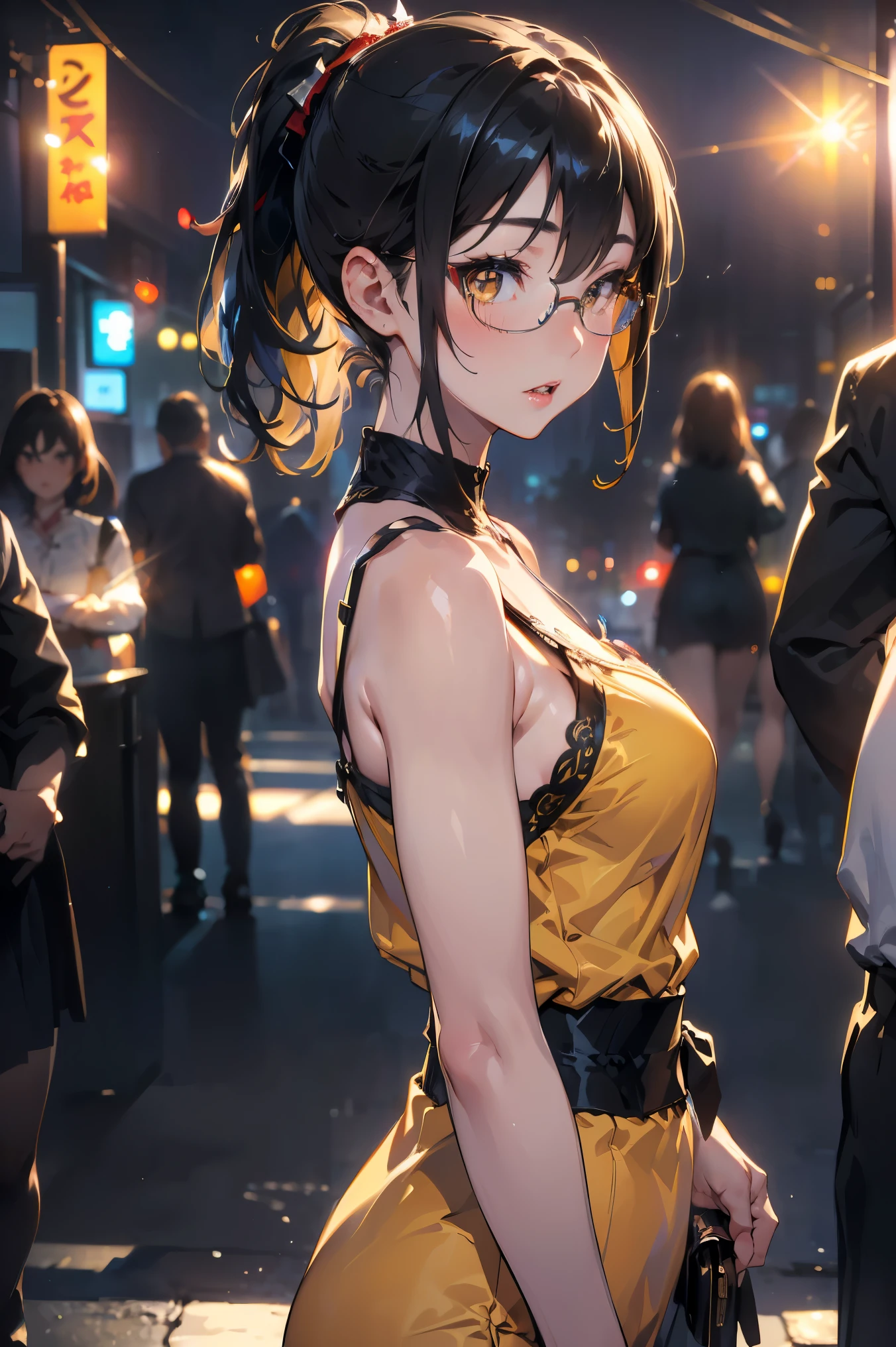 {{{official art}}}, {{solo}}, {Adult} {hair strand}, {{medium breasts}}, {cleavage}, {evening gown}, {gown}, strapless dress, {{bare shoulders}}, {{{{satin}}}}, {embroidery}, bracelet, {jewelry}, {hair ornament}, necklace, earrings, {black dress}}, red ribbon, cat ears, eye focus, looking at viewer, blush, {{gold trim}}, ornate, hotel room, cowboy shot, {{{{layered dress}}}}, v arms, 1 girl, solo, Bob cut, only 1 girl, arms crossed, cat ears, robot girl, maid, black hair, short maid uniform, adult, tomboy, cyborg eyes, amber eyes, robot arms, metal arms