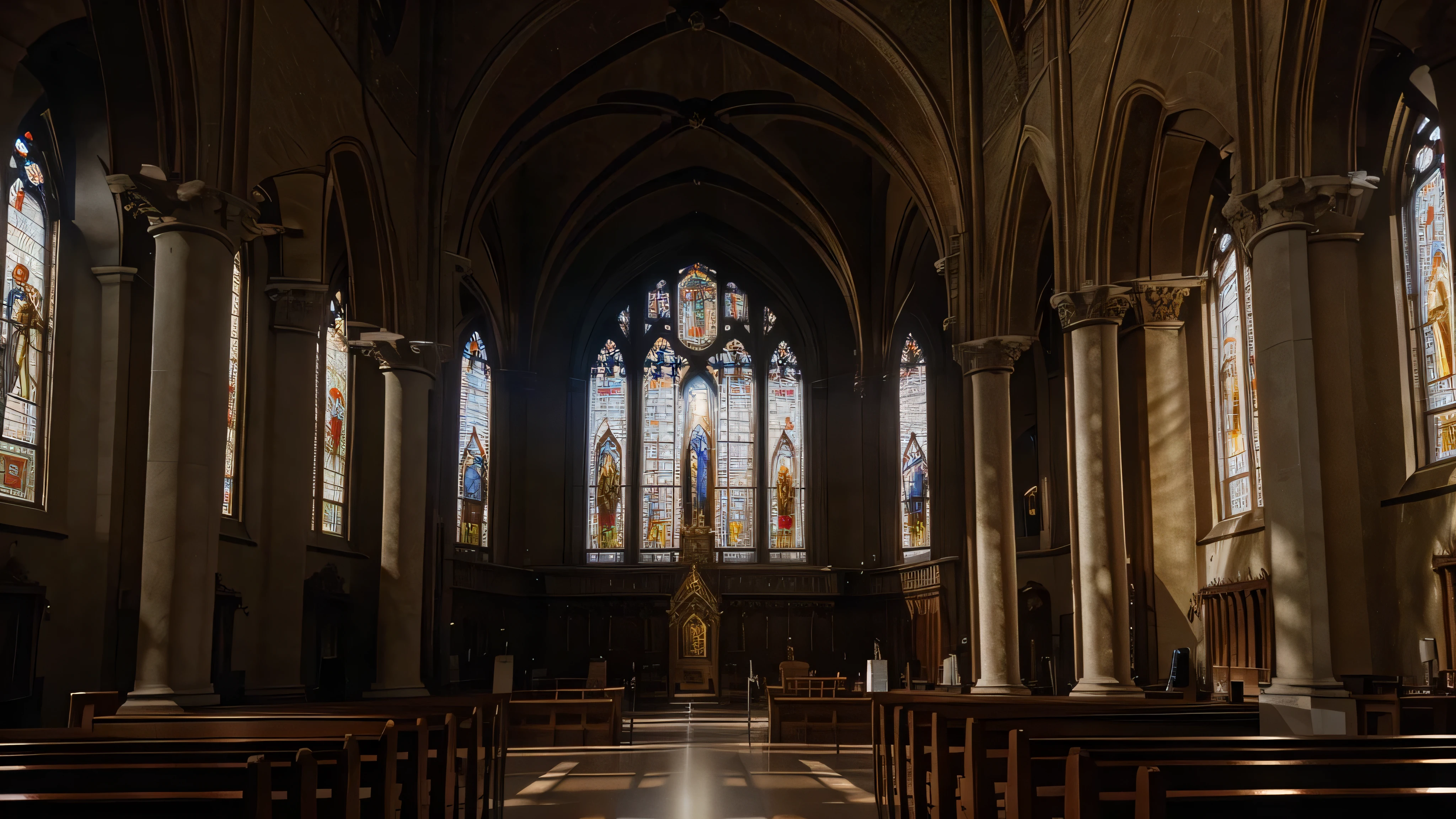 The image of the interior of a Catholic cathedral with baroque architecture, com lindos vitrais, dramatic light, fotorealistic image, 4k, foto, fotography, horizontal image.
