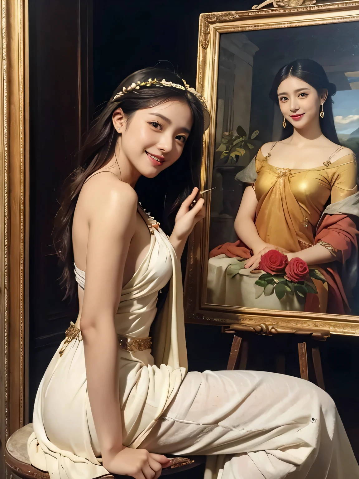 Giorgione painting style,roses in vase、fruits、Cute trinkets、smile、ancient greek costume、Clothes that stretch your shoulders、A big smile、beautiful bare skin,Female painter painting oil in her studio,Woman painting in oil with oil brush and palette