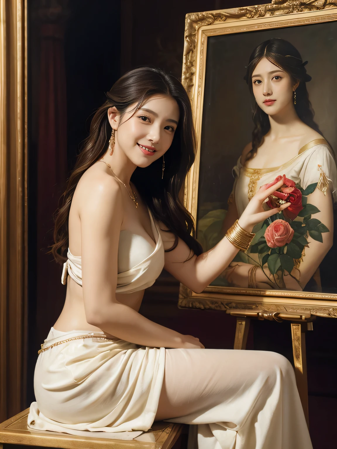 Giorgione painting style,roses in vase、fruits、Cute trinkets、smile、ancient greek costume、Clothes that stretch your shoulders、A big smile、beautiful bare skin,Female painter painting oil in her studio,Woman painting in oil with oil brush and palette