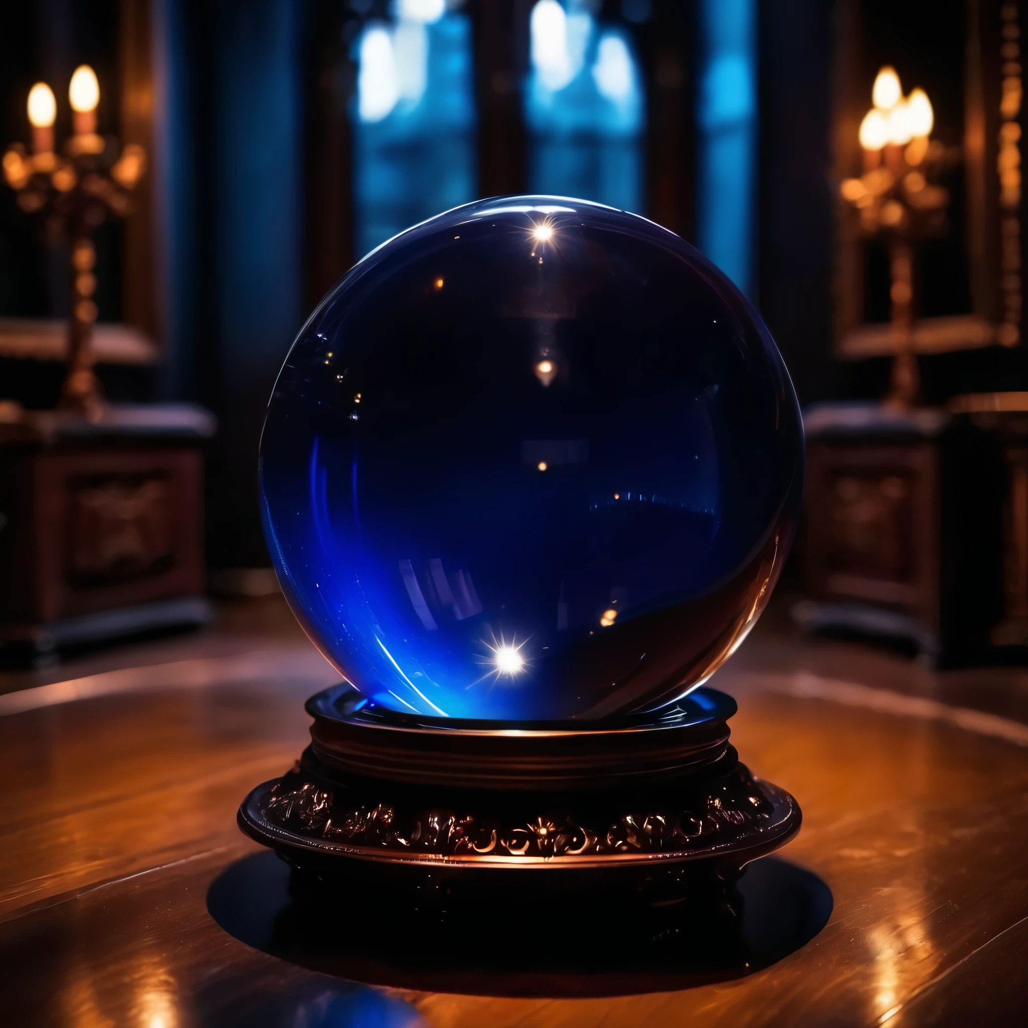 super realistic photos、 A deep blue crystal ball fills the screen.、 Perfect sphere、 It's a dark and mysterious room, so there's not much reflection.