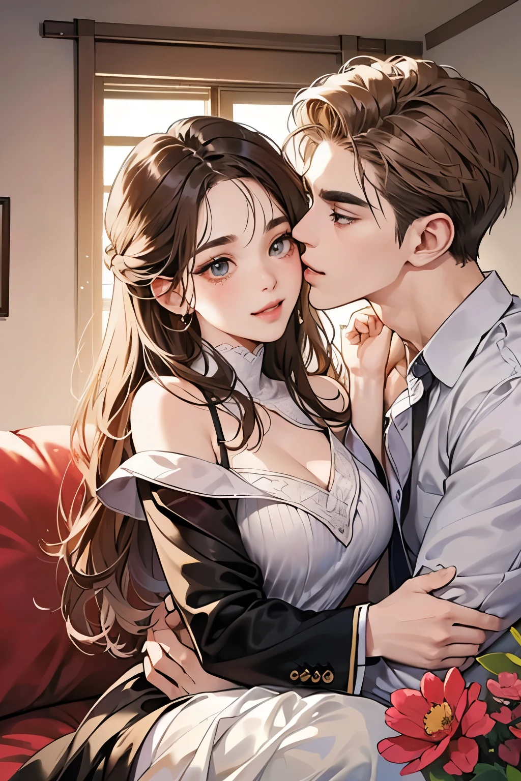 (table top, digital illustration, 4k, 8k, Super detailed, beautiful images, clear image, perfect face, perfect lines, perfect eyes, soft lighting) 1 female, (light brown hair,chignon hair,innocent look,droopy eyebrows,droopy eyes、With a round face,round chin、innocence,cute,Big eyes,natural makeup,smile gently,E cup,23 years old:1.3),Two handsome men in suits, (human,man in suit,muscular,solid shoulder width, boyish hairstyle,A man in his 30s with a cool expression,28 year old man with a bright smile:1.2),garden full of light、lots of flowers、Squirting、colorful flower light,(embarrassing,shy smile:1.2),resort sofa,kiss、カップルkiss、romance porn、couple of man and woman hugging each other、