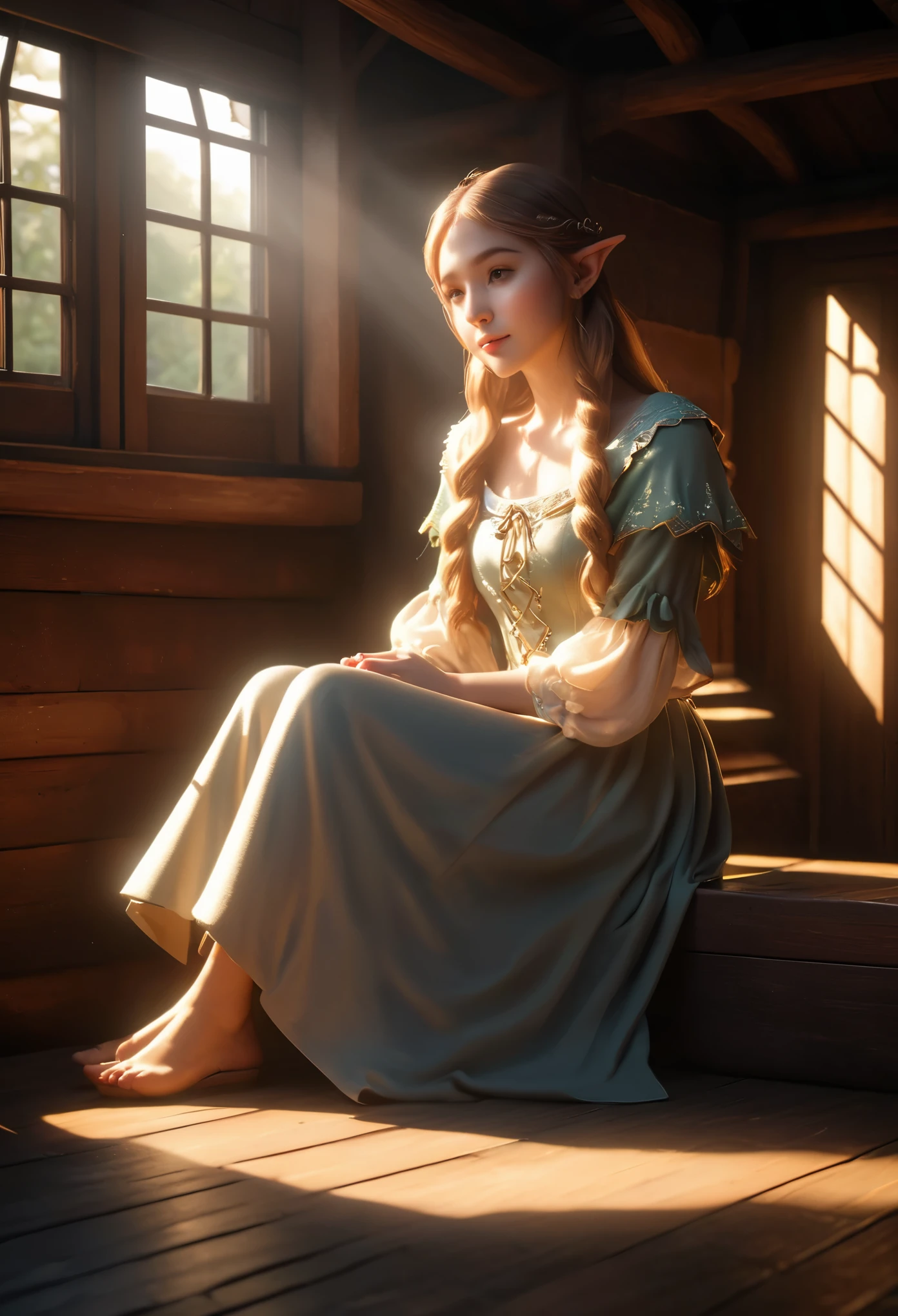 Tyndall effect,Tyndall lighting enhancement,Tyndall effect加强,Cute elf girl sitting curled up in dark cabin,Beautiful and delicate face,Strong sunlight shines on her face through the only four-pane skylight,Tyndall effect,Tyndall lighting enhancement,Tyndall effect加强,Realistic light rendering,Realistic ray tracing,Realistic light reflections,8k,Super fine,Super realistic,Extreme details,dynamic perspective