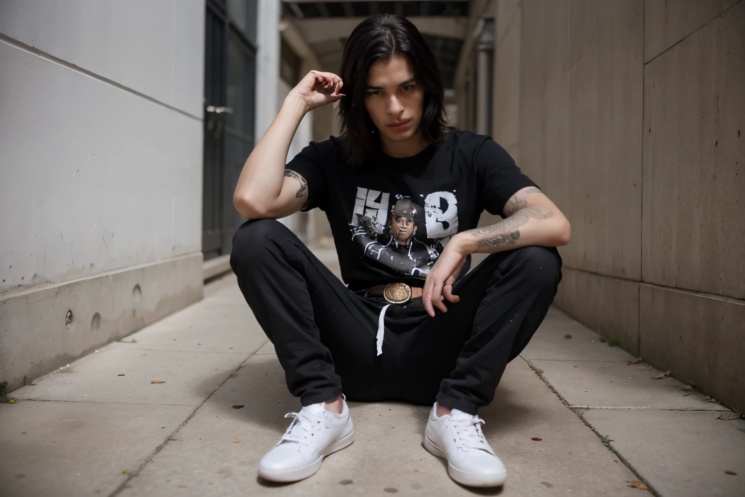 cartoon, el famoso bob esponja, vistiendo una camiseta talla s ajustada de color blanco, a black punk belt with silver buckles, unos pantalones holgados caidos por los muslos, y unos zapatos marca skater DC