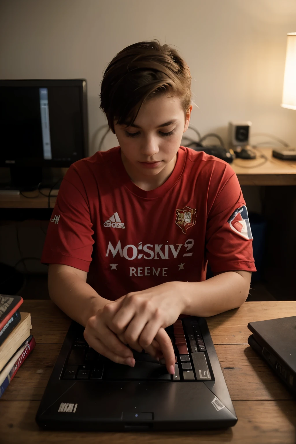 Make a photo of a boy who is playing games on his computer and he is wearing a jersey which has written moskov and xlr8 and number 7 behind his bach