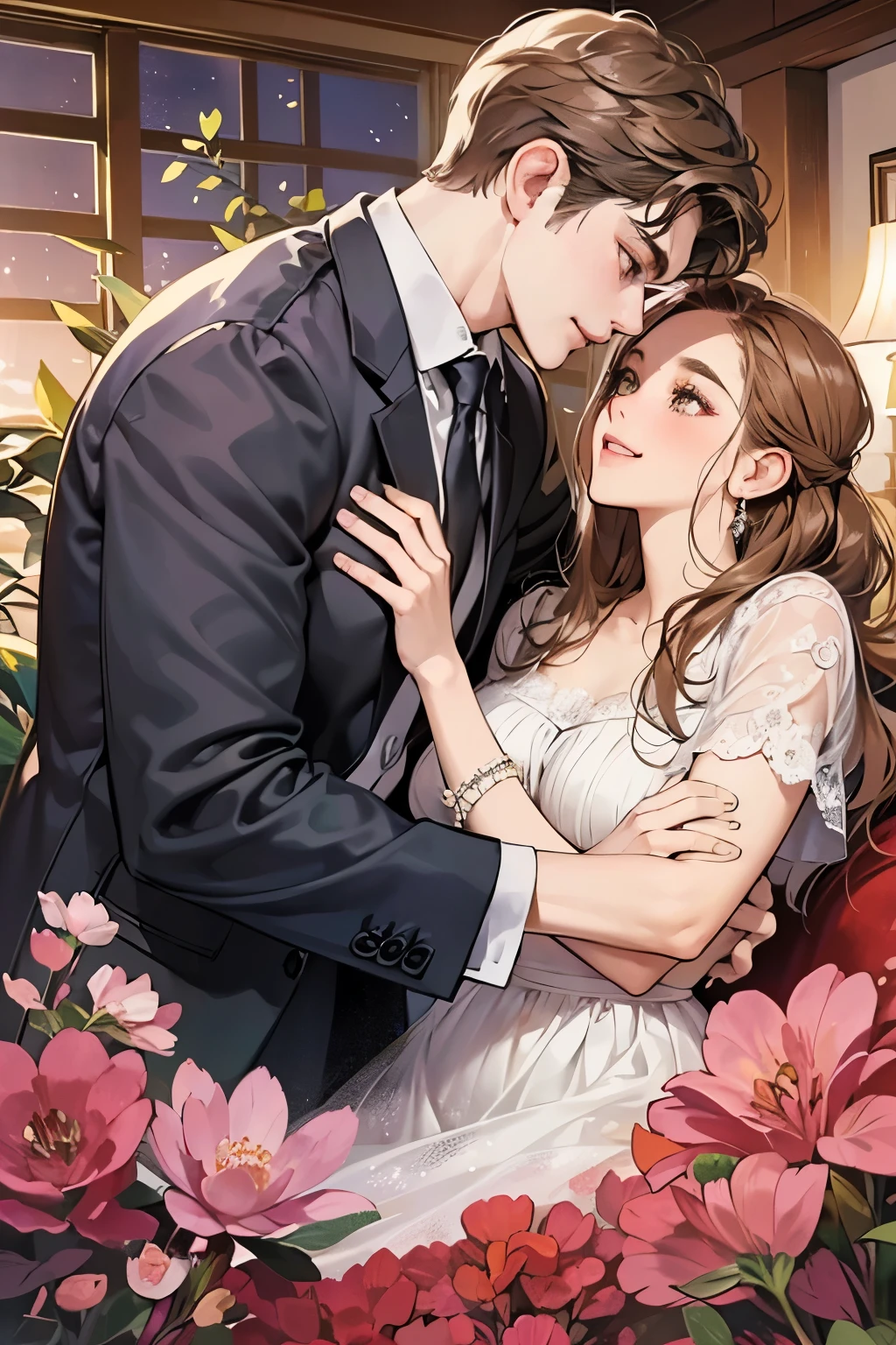 (table top, digital illustration, 4k, 8k, Super detailed, beautiful images, clear image,  perfect face, perfect lines, perfect eyes, soft lighting) 1 female, (light brown hair,chignon hair,innocent look,droopy eyebrows,droopy eyes、With a round face,round chin、innocence,cute,Big eyes,natural makeup,smile gently,E cup,23 years old:1.3),Two handsome men in suits, (human,man in suit,muscular,solid shoulder width,  boyish hairstyle,A man in his 30s with a cool expression,28 year old man with a bright smile:1.2),garden full of light、lots of flowers、Squirting、colorful flower light,(embarrassing,shy smile:1.2),resort sofa,kiss、カップルkiss、romance porn、couple of man and woman hugging each other、