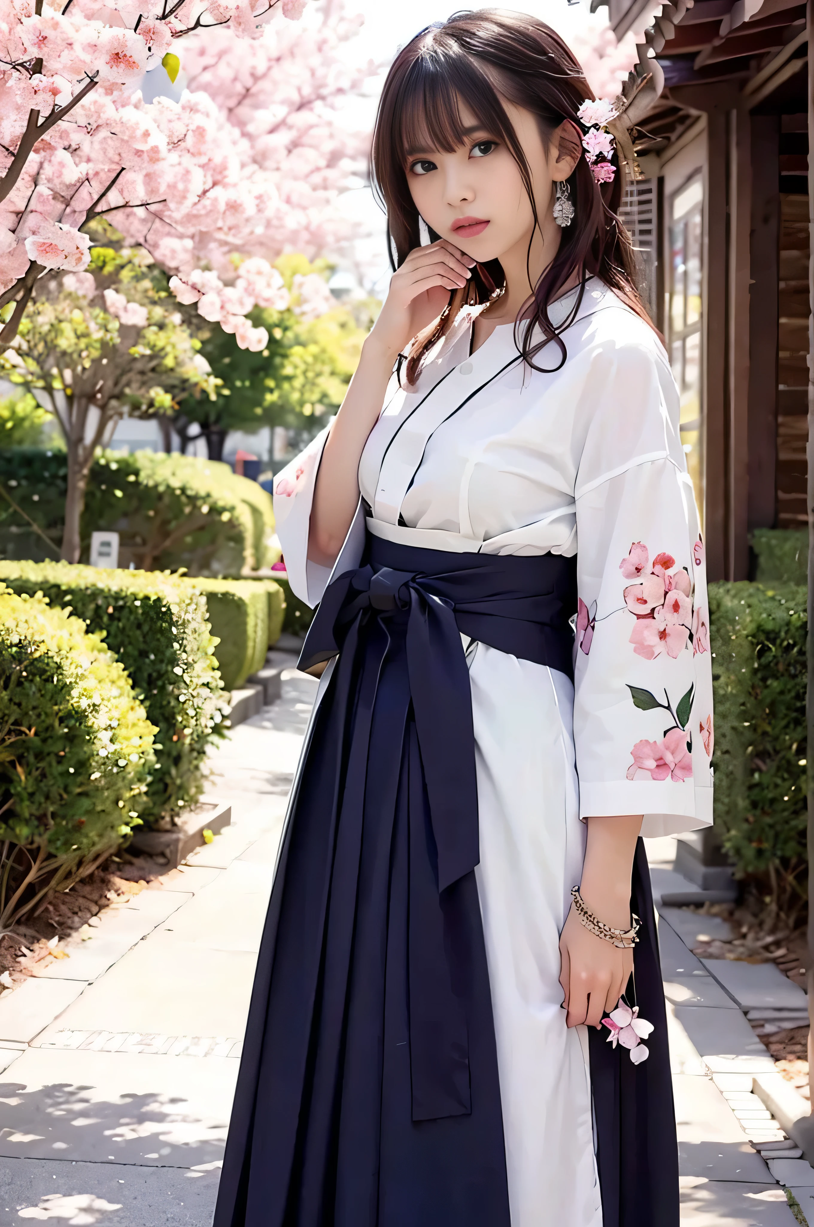 (((RAW image quality:1.4))), hair ornaments、earrings, 1 girl, alone,、highest quality, realistic, super delicate, Beautiful and attractive girl, , slender body, tied hair, one girl, girl pictures, full body shot, beautiful blue eyes, looked back,耳Nipple Ring、hair ornaments、gem、in the same way、sexy, Cherry tree, school main gate,