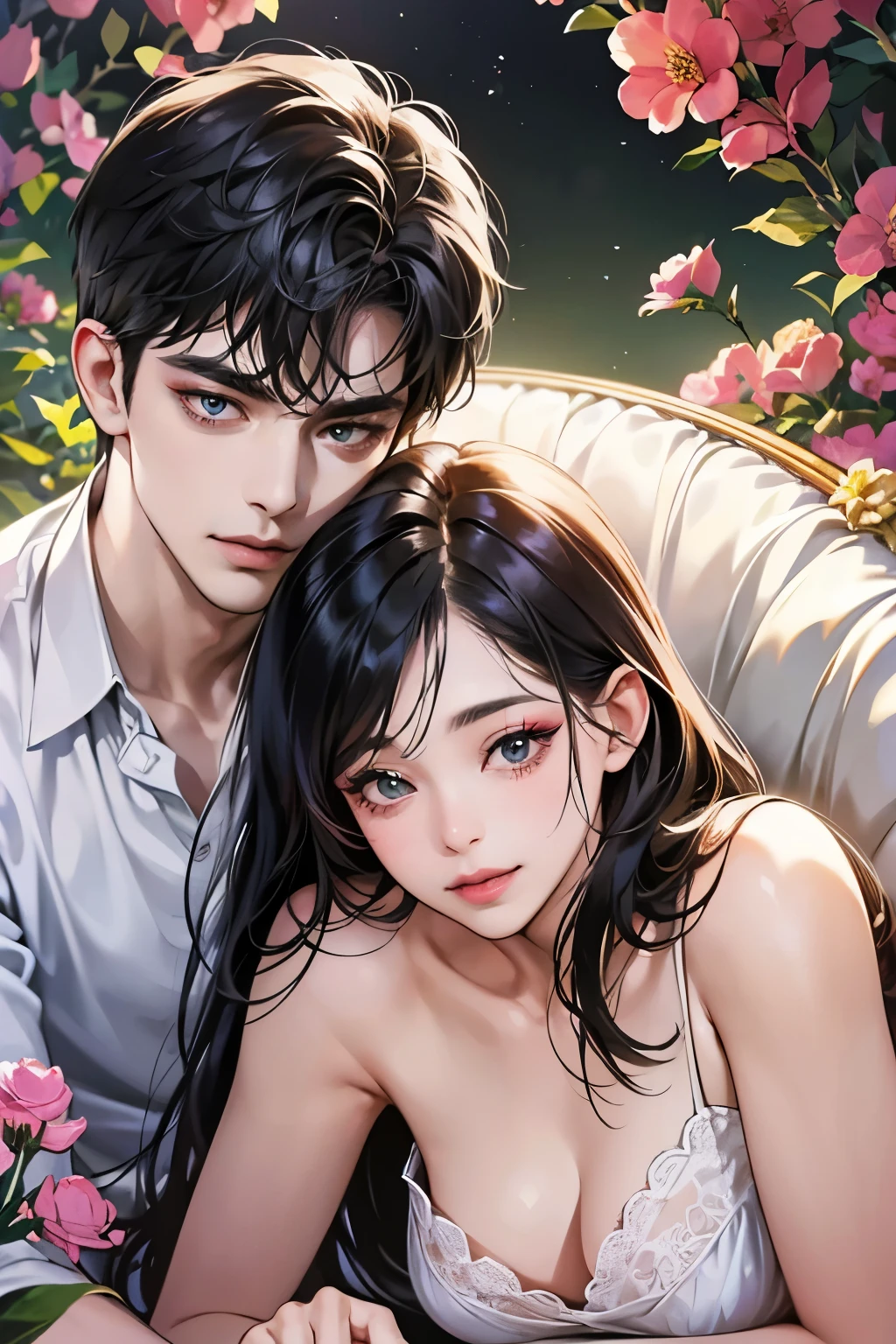 (table top, digital art, digital illustration, 4k, 8k, Super detailed, beautiful images, clear image, realistic, RAW photo, perfect face, perfect lines, perfect eyes, soft lighting) ,1 female, (long black hair,straight hair,bullish look,Beautiful woman,grace,Make up well,23 years old,:1.3),Two handsome men in suits, (human,muscular,solid shoulder width, human,boyish hairstyle,English gentleman'Style,A man in his 30s with a cool expression,28 year old man with a bright 笑顔:1.2),Show your white teeth and 笑顔(embarrassing,shy smile:1.1),garden full of light、Squirting、resort sofa、colorful flowers、couple、coupleキス、romance porn、lie down、fall asleep、ハグし合うcouple