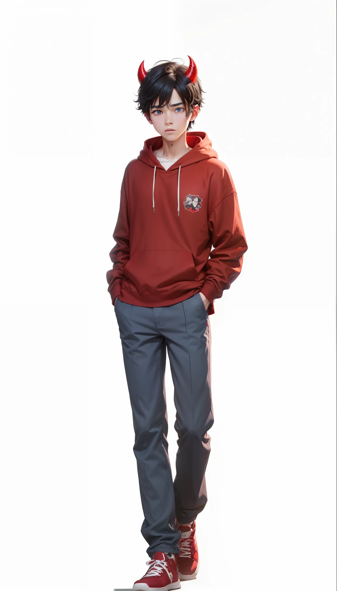 A boy 20th, casual style, Black hair with red horn, blue eyes with red Hoodie