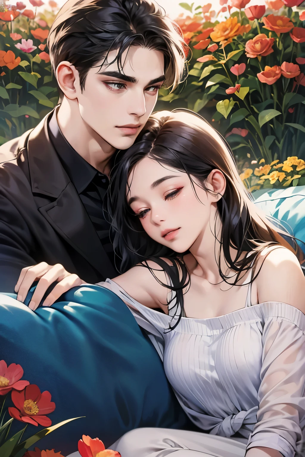 (table top, digital art, digital illustration, 4k, 8k, Super detailed, beautiful images, clear image, realistic, RAW photo, perfect face, perfect lines, perfect eyes, soft lighting) ,1 female, (long black hair,straight hair,bullish look,Beautiful woman,grace,Make up well,23 years old,:1.3),Two handsome men in suits, (human,muscular,solid shoulder width, human,boyish hairstyle,English gentleman'Style,A man in his 30s with a cool expression,28 year old man with a bright 笑顔:1.2),Show your white teeth and 笑顔(embarrassing,shy smile:1.1),garden full of light、Squirting、resort sofa、colorful flowers、couple、coupleキス、romance porn、lie down、fall asleep、ハグし合うcouple