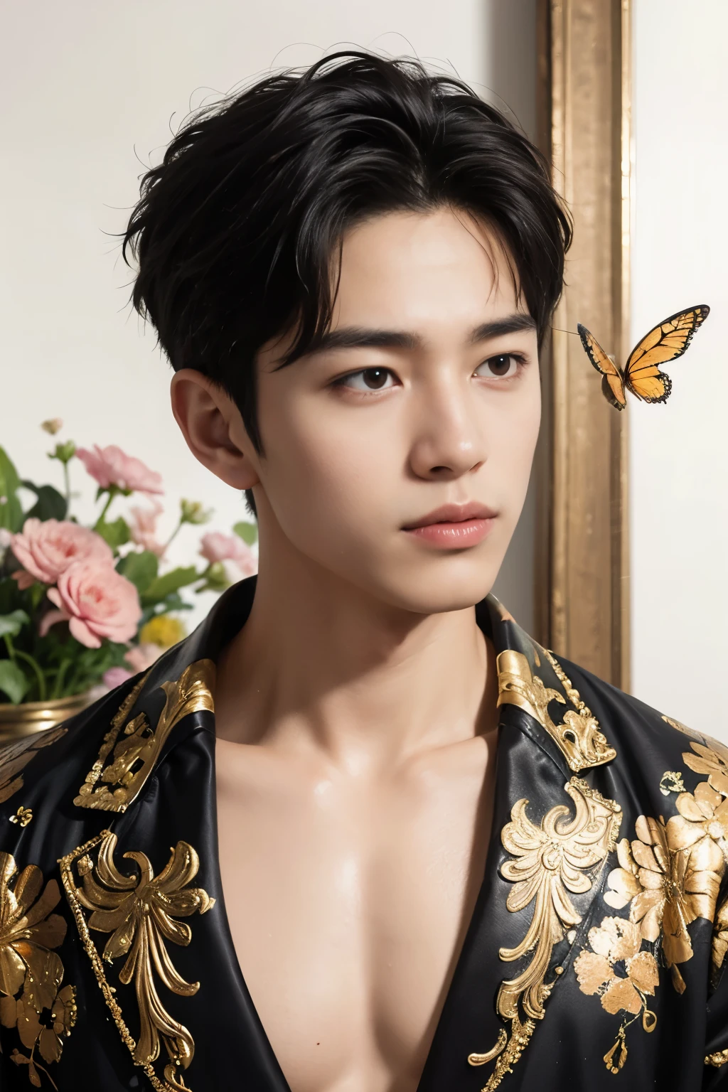 a muscular, 1 man, solo, (oil painting:1.5), (NSFW:1.2), a man joyfully twirling in the raining paint, 1boy, short hair, floral, Lycianthus ,In light pink and light blue styles..., Dreamy and romantic composition..., dripping flowers on his face, in the style of collage-based, made of insects, william wegman, colorism, white background, pencil art illustrations, national geographic photo, luxurious, extravagant, stylish, , opulent, elegance, stunning beauty, professional, high contrast, detailed, Depict a dreamy, whimsical scene with elements that seem to merge with the background