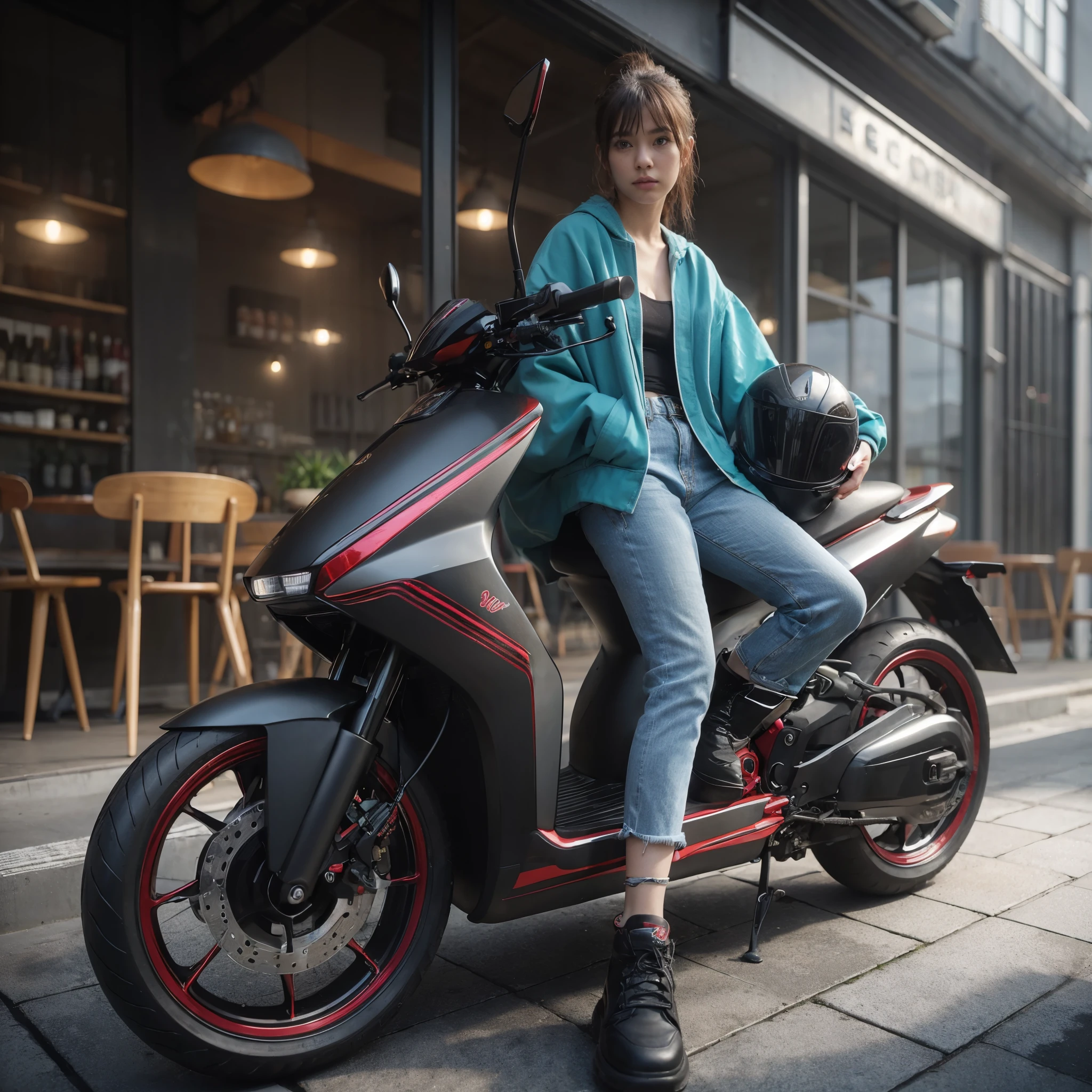 realistic automotive photography ((attractive 3-quarter low angle)) (((ultra detailed object))) a stylish age japan girl with stylish 2-tone jacket & jeans posing with sleek new design Scooter Matic Bike Honda Beat, stylish simple shape, matte red-black side body colour with graphic stripping, posing on a premium terrace with textured wall as background & good lighting (((realistic body texture))) ((3d well rendered)) wallpaper quality, take by hasselblad, medium lens, 8K
