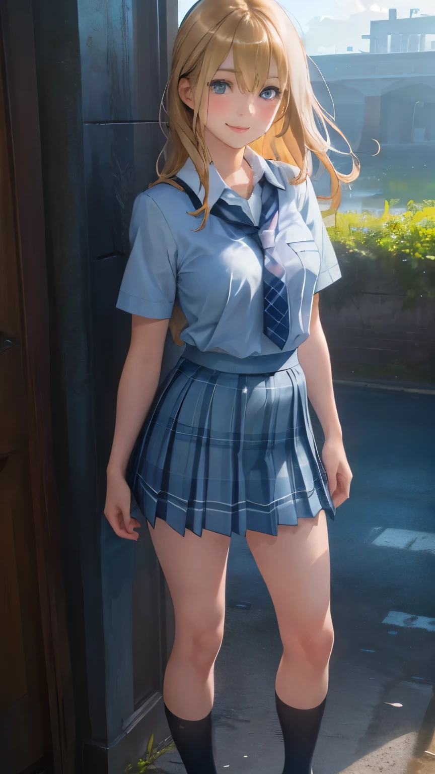 (masterpiece:1.2, top-quality), (realistic, photorealistic:1.4), beautiful illustration, (natural side lighting, movie lighting),
looking at viewer, full body, 1 girl, japanese, high school girl, perfect face, cute and symmetrical face, suntan, shiny skin,
(long hair:1.5, straight hair:1.4, blond hair), hair between eyes, emerald green eyes, long eye lasher, (large breasts:0.6),
beautiful hair, beautiful face, beautiful detailed eyes, beautiful clavicle, beautiful body, beautiful chest, beautiful thigh, beautiful legs, beautiful fingers,
((collared short sleeve shirt, light blue shirt, school uniform, grey plaid pleated skirt, navy tie), black choker, wrist chakra), light blue panties,
(beautiful scenery), school, (liftting skirt, standing, open legs), (seductive smile, in heat),