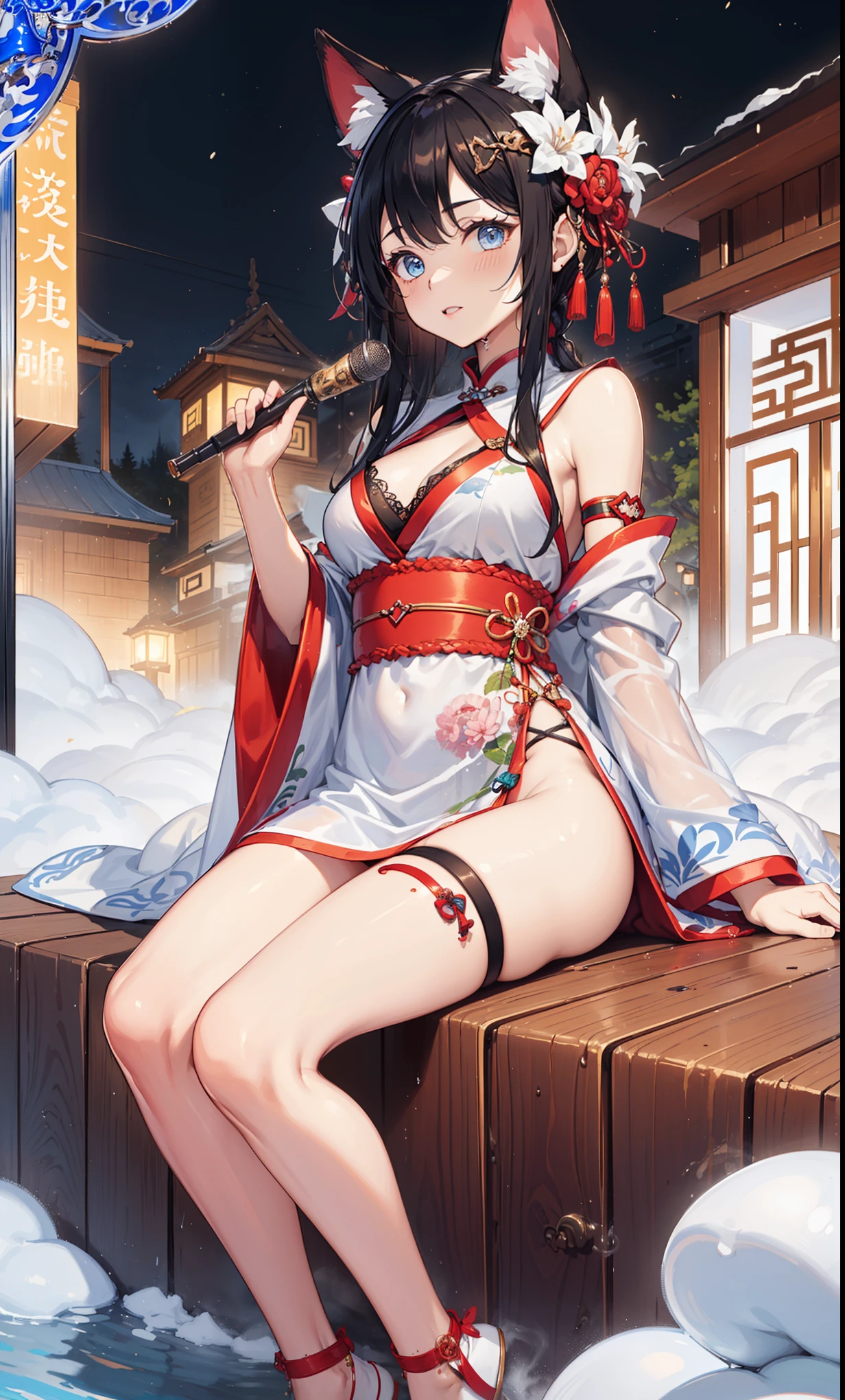 top quality,best resolution,(Drenched white long cheongsam),Super detailed, She has a white twin tail,young women,charm,Design intricate clothes,blue eyes,Vision cloud light paradise,Elegant and charming,((Wet people,A misty Chinese hot spring in the background)),leg rings,anklet,night,little lighting,charm的姿势,Intricately designed clothing,Beautifully decorated,Remove excess feet