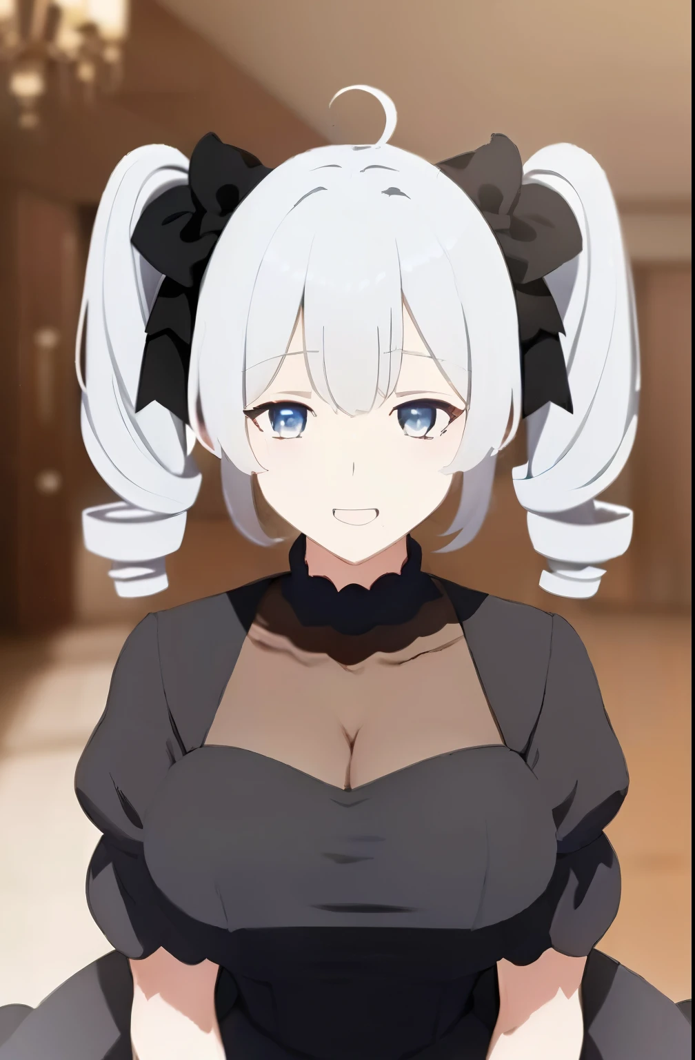  1girl, solo, looking at viewer, detailed eyes, smile, bangs, blue eyes, breasts, dress, bow, twintails, white hair, short sleeves, hair bow, puffy sleeves, black dress, black bow, drill hair, twin drills, cleavage, upperbody