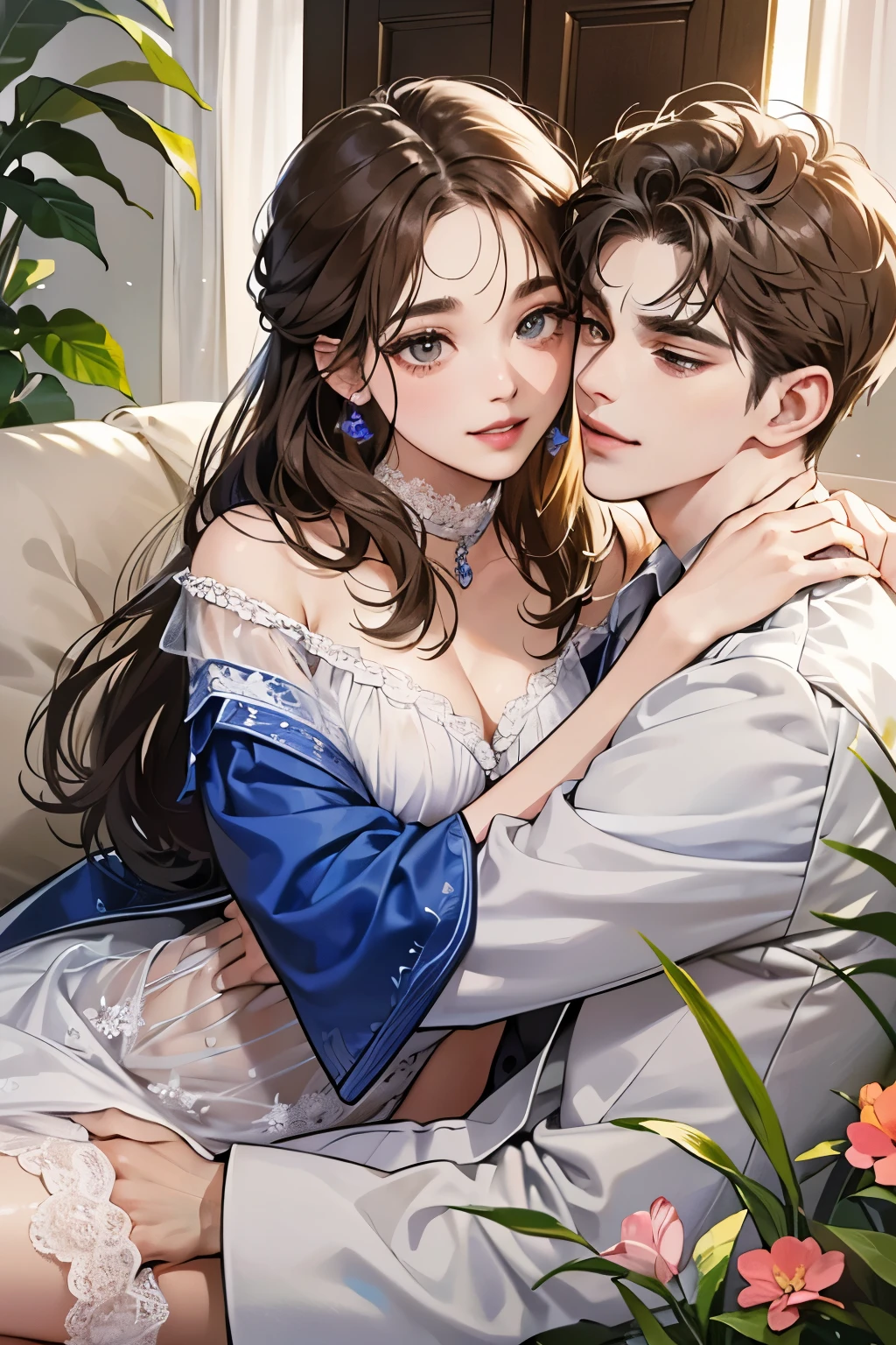 (table top, digital illustration, 4k, 8k, Super detailed, beautiful images, clear image, perfect face, perfect lines, perfect eyes, soft lighting) 1 female, (light brown hair,chignon hair,innocent look,droopy eyebrows,droopy eyes、With a round face,round chin、innocence,cute,Big eyes,natural makeup,smile gently,E cup,23 years old:1.3),Two handsome men in suits, (human,man in suit,muscular,solid shoulder width, boyish hairstyle,A man in his 30s with a cool expression,28 year old man with a bright smile:1.2),garden full of light、lots of flowers、Squirting、colorful flower light,(embarrassing,shy smile:1.2),resort sofa,kiss、カップルkiss、romance porn、couple of man and woman hugging each other、