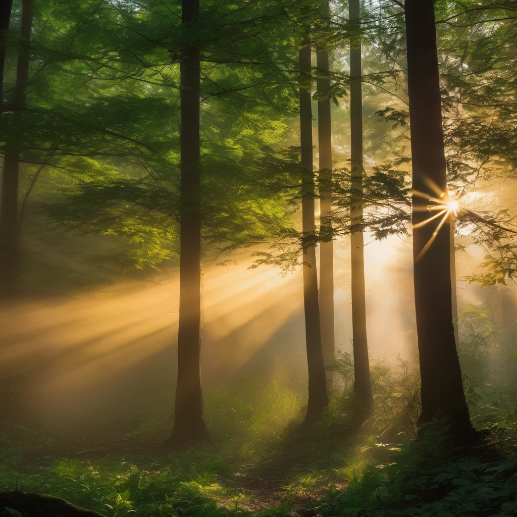 Tyndall Effect, aesthetic, extremely detailed, 📷 Light scattering revealing a sunbeam shining through forest mist. Medium: Photorealistic photography. Style: Dreamlike, mystical. Lighting: Sun rays streaming through scattered particles. Colors: Warm sunrise tones, vibrant greens. Composition: Sony a7R IV, Sony FE 100mm f/2.8 STF GM OSS lens, f/5.6, 1/60 sec, ISO 200. Sunbeams slice through misty woods at daybreak, illuminating the haze.