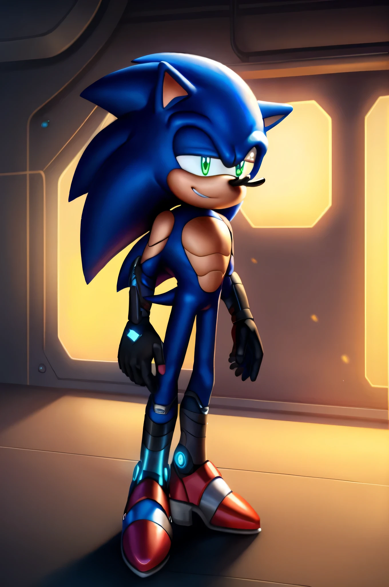 A solo male ((sonic the hedgehog art style)) anthro android ((hedgehog)), with glowing blue eyes, wearing a sci-fi bodysuit stands in a futuristic landscape. The android's bodysuit is adorned with (((blue, white and black coloring))), a moderately sized crotch bulge, and intricate android seams, creating a futuristic look. the android has a seductive smirk on his face.