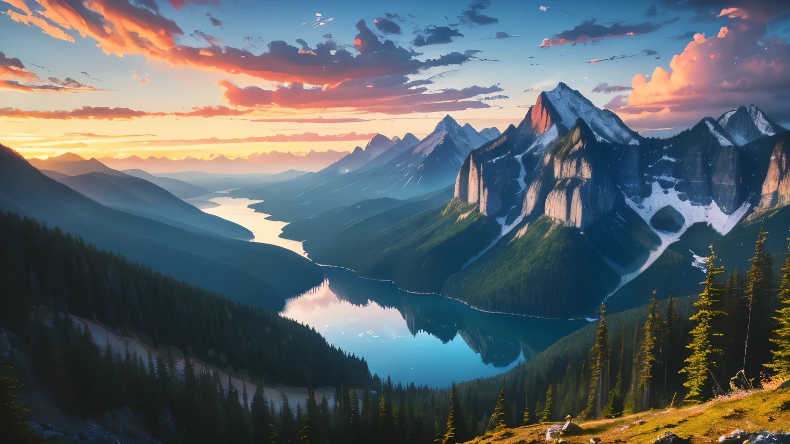 (best quality, highres, vivid colors:1.2), breathtaking landscape, majestic mountains, crystal-clear lakes, vibrant forests, golden sunlight, dramatic clouds, serene atmosphere, panoramic beauty, immersive experience, awe-inspiring scenery, picturesque vistas, pristine nature, tranquil reflections, remarkable perspective, endless horizons