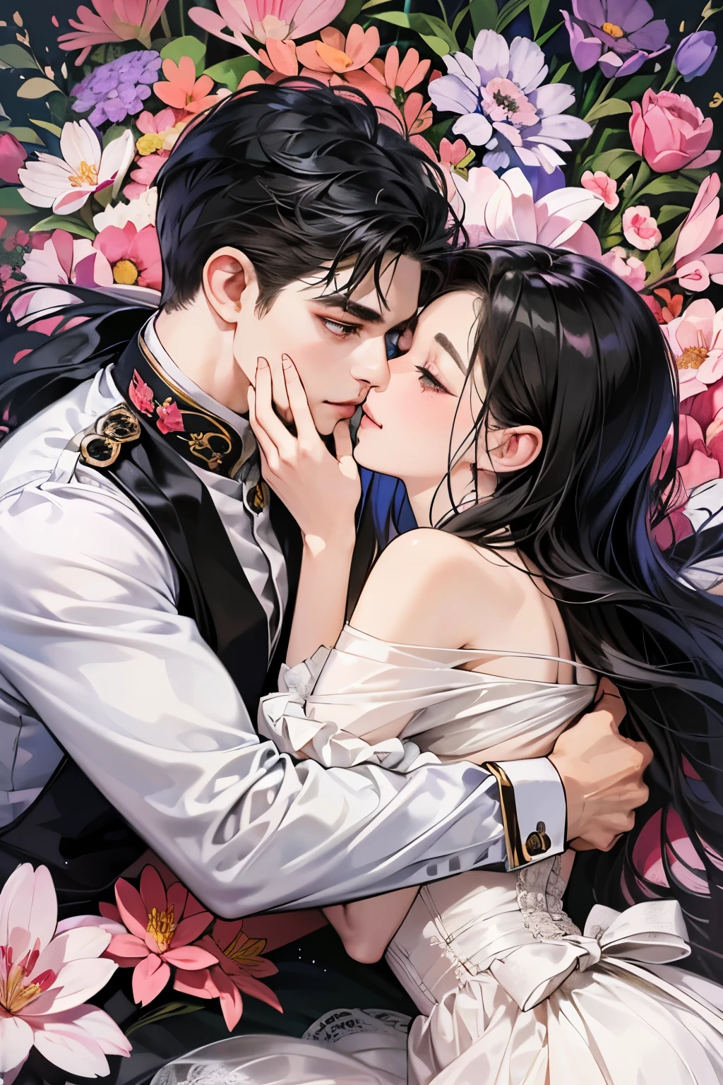 (table top, digital art, digital illustration, 4k, 8k, Super detailed, beautiful images, clear image, realistic, RAW photo, perfect face, perfect lines, perfect eyes, soft lighting) ,1 female, (long black hair,straight hair,bullish look,Beautiful woman,grace,Make up well,23 years old,:1.3),Two handsome men in suits, (human,muscular,solid shoulder width, human,boyish hairstyle,English gentleman'Style,A man in his 30s with a cool expression,28 year old man with a bright 笑顔:1.2),Show your white teeth and 笑顔(embarrassing,shy smile:1.1),garden full of light、Squirting、resort sofa、colorful flowers、couple、coupleキス、romance porn、lie down、ハグし合うcouple